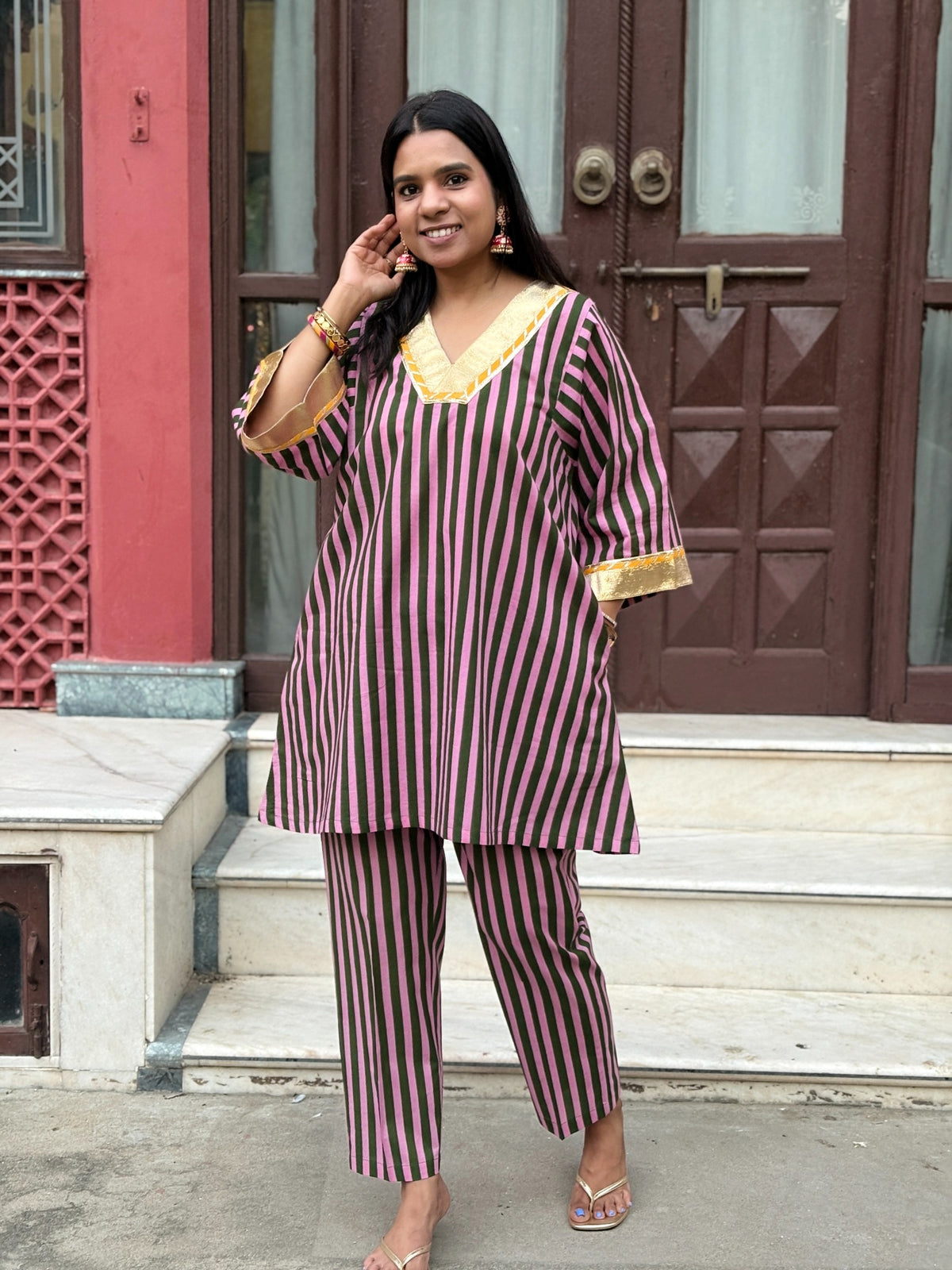 Festive Pink Green stripe set