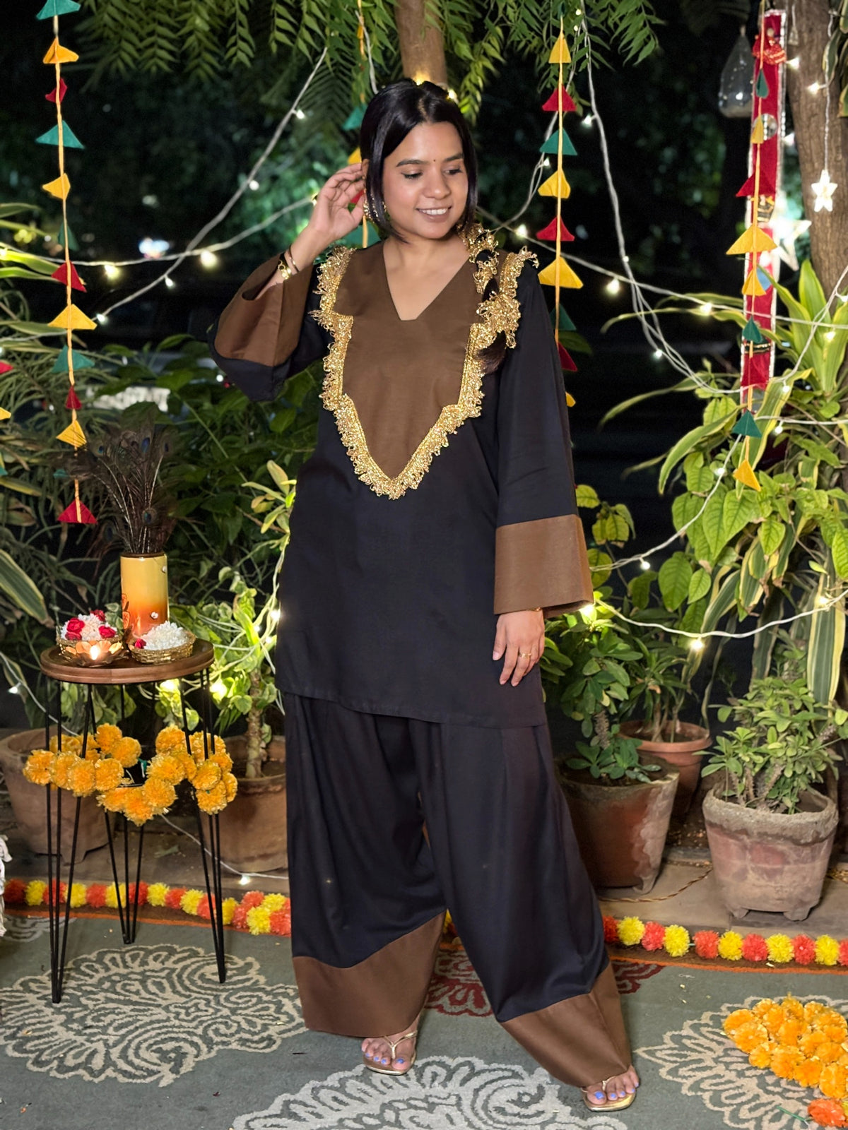Black Brown Festive Rayon Farshi Set