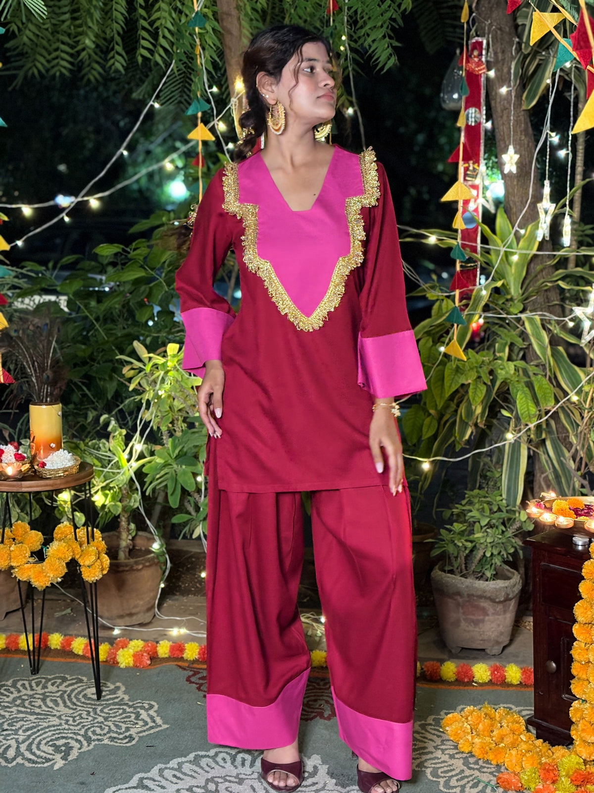 Red Pink Festive Rayon Farshi Set
