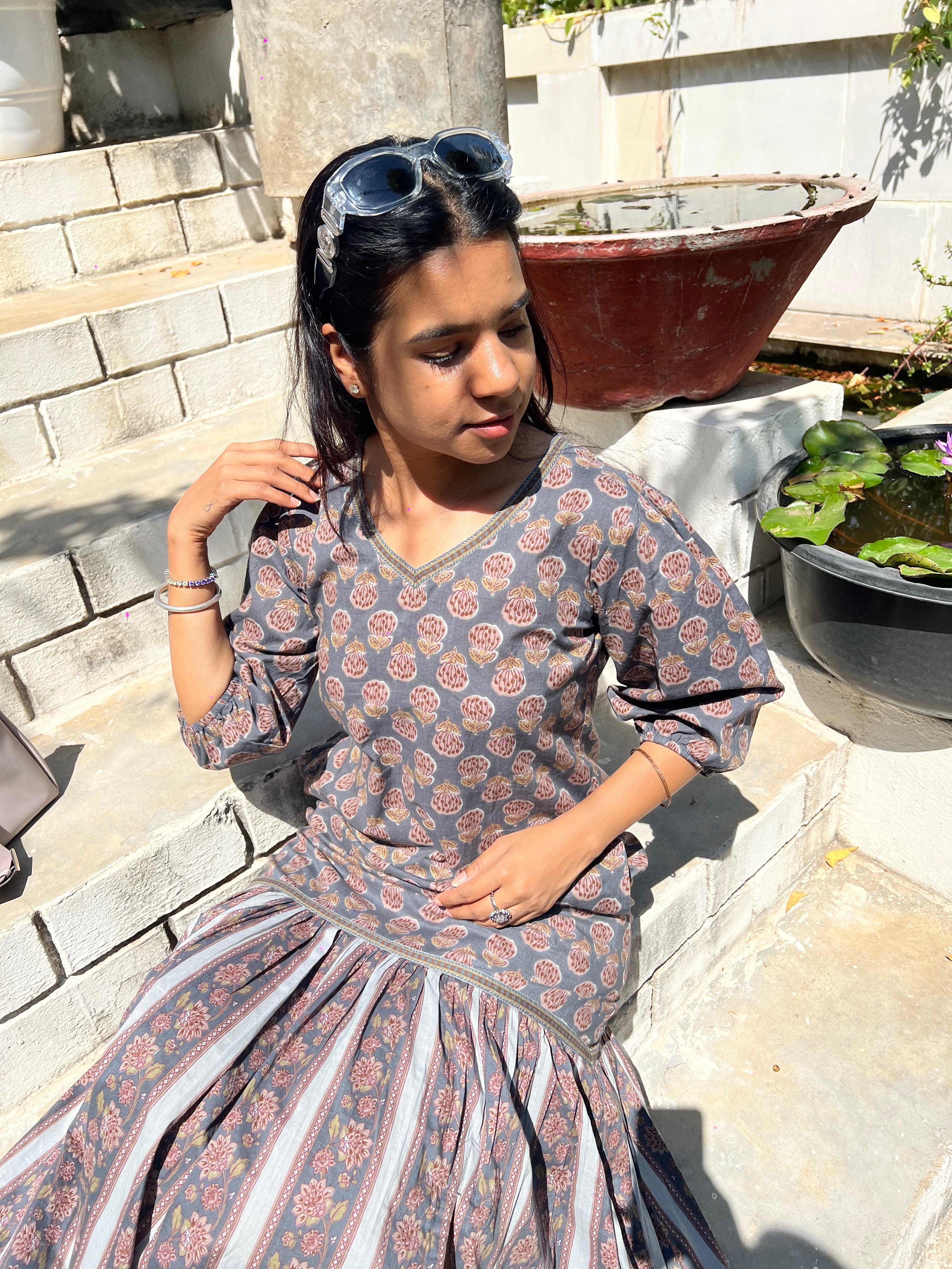 Handblock Tiered Dress with slit in Dusty Grey