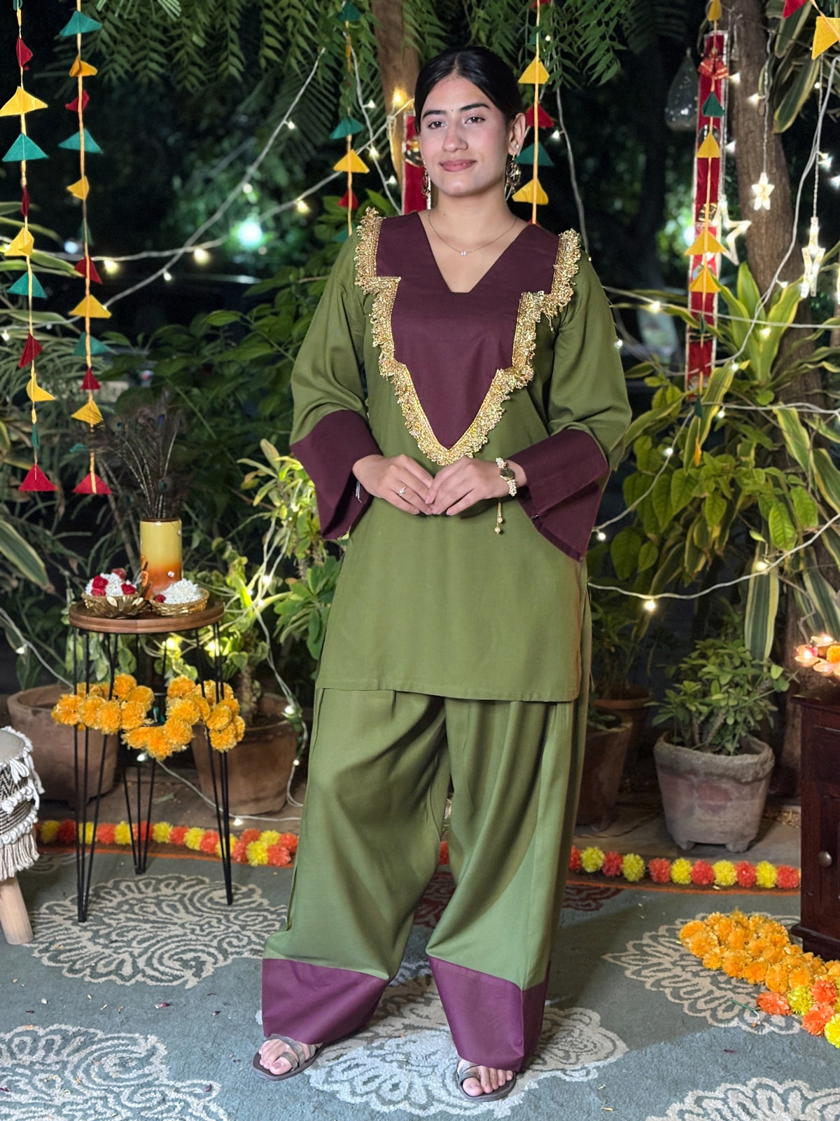 Olive Burgundy Festive Rayon Farshi Set