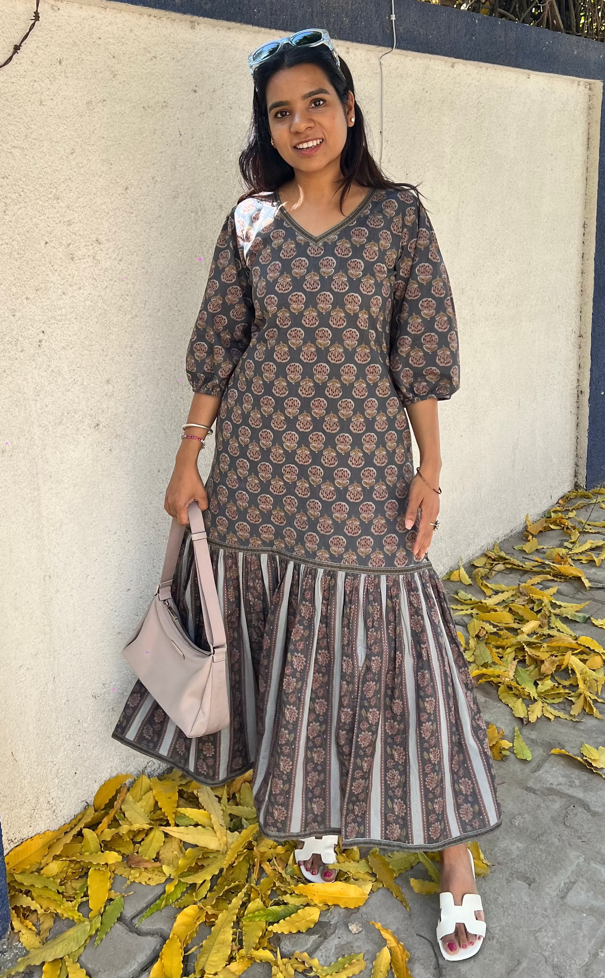 Handblock Tiered Dress with slit in Dusty Grey