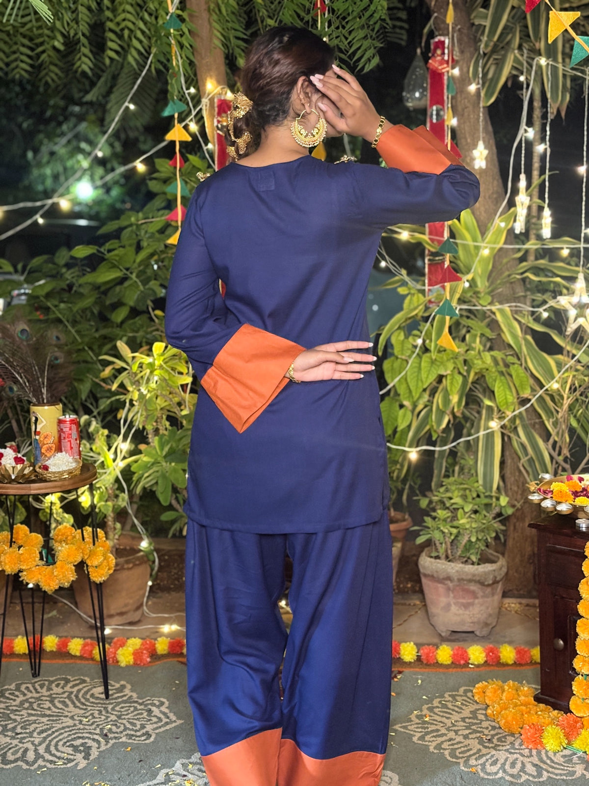 Blue Tan Festive Rayon Farshi Set