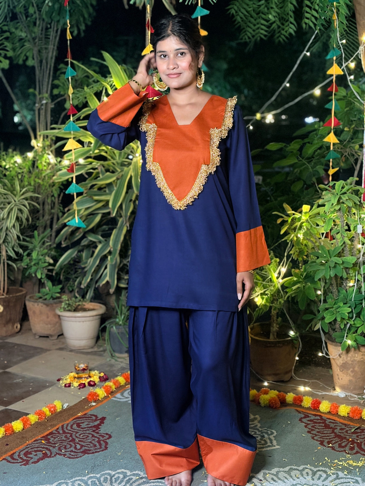 Blue Tan Festive Rayon Farshi Set