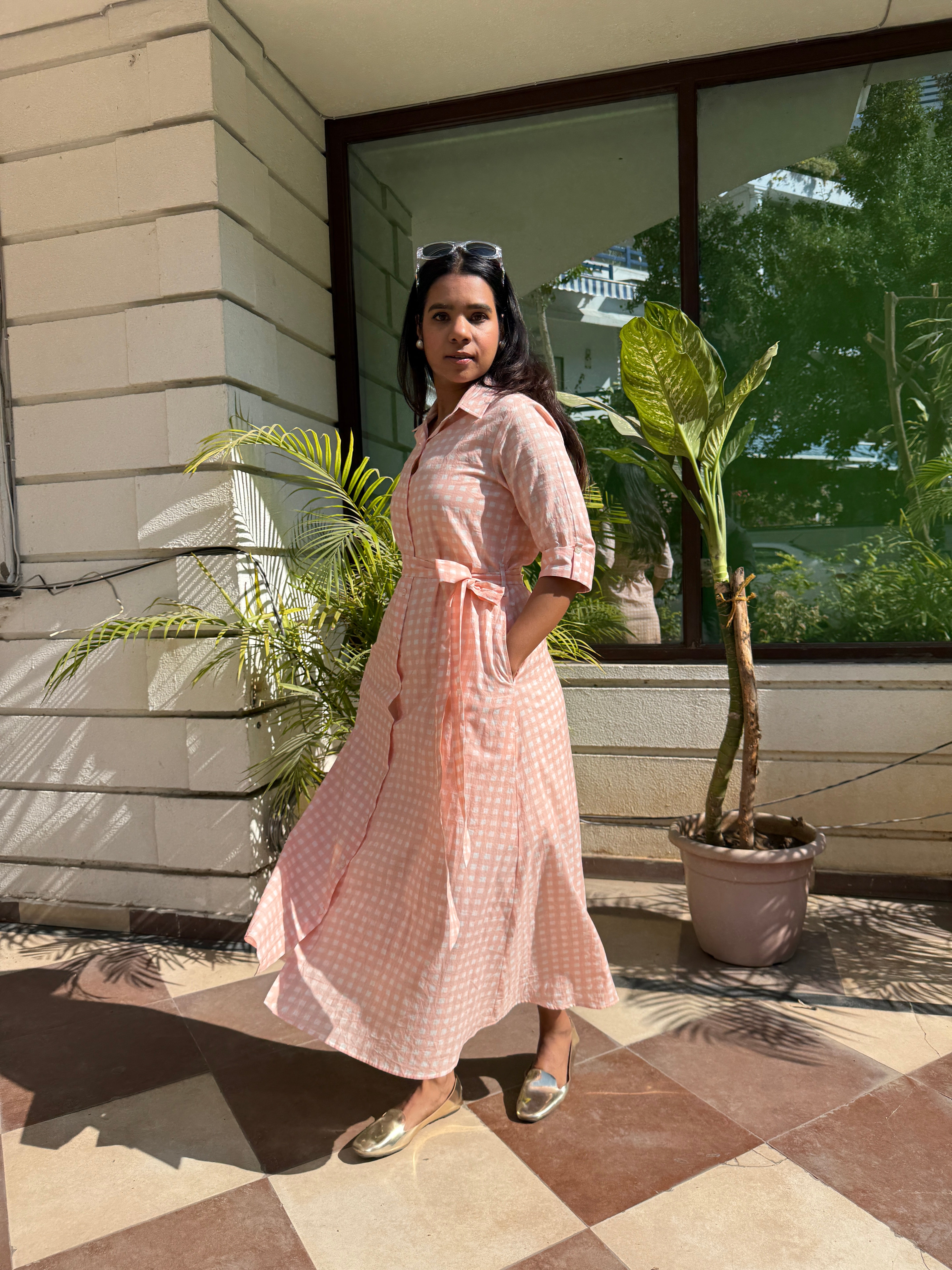 Blush Gingham Shirt Dress with Waist Tie