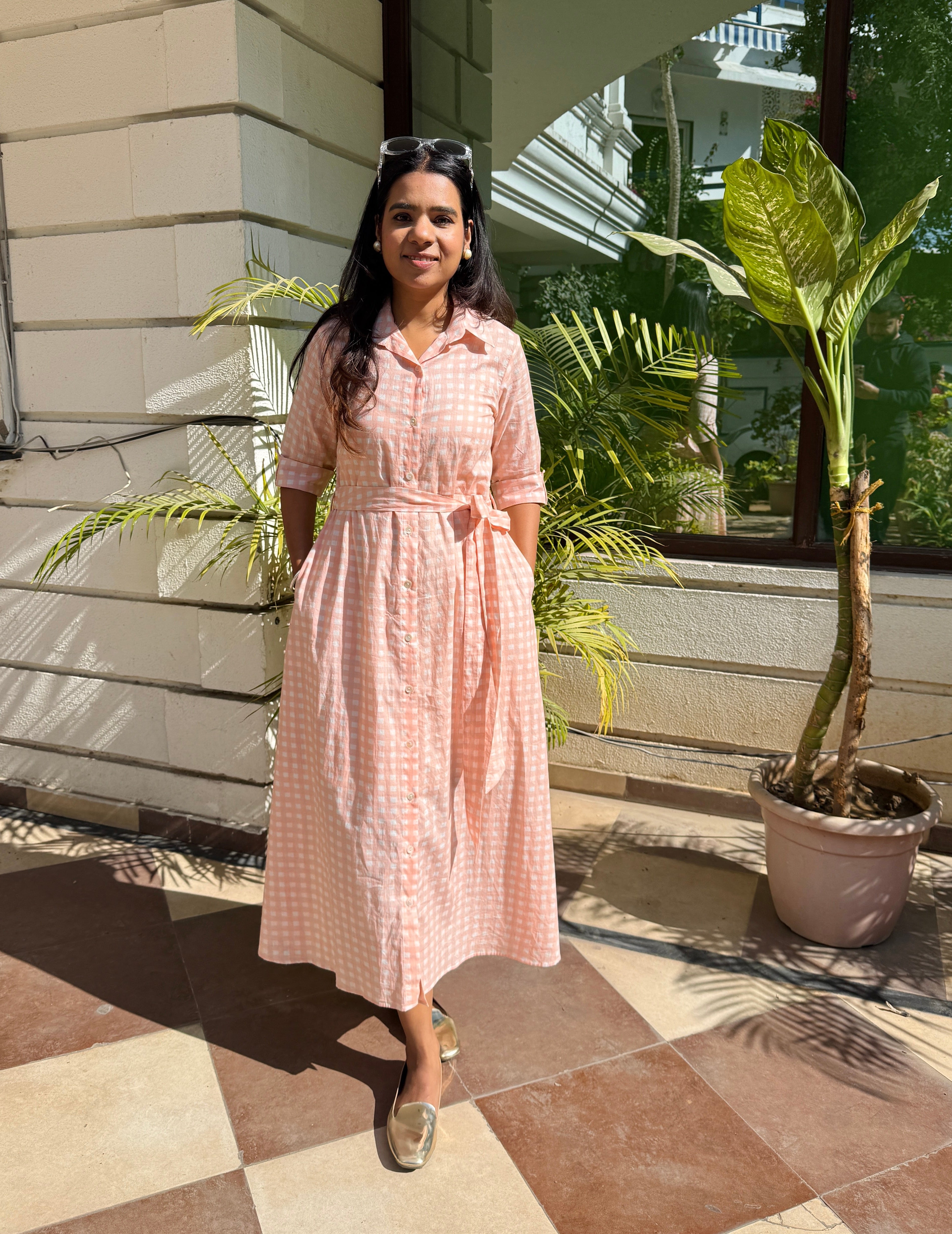 Blush Gingham Shirt Dress with Waist Tie