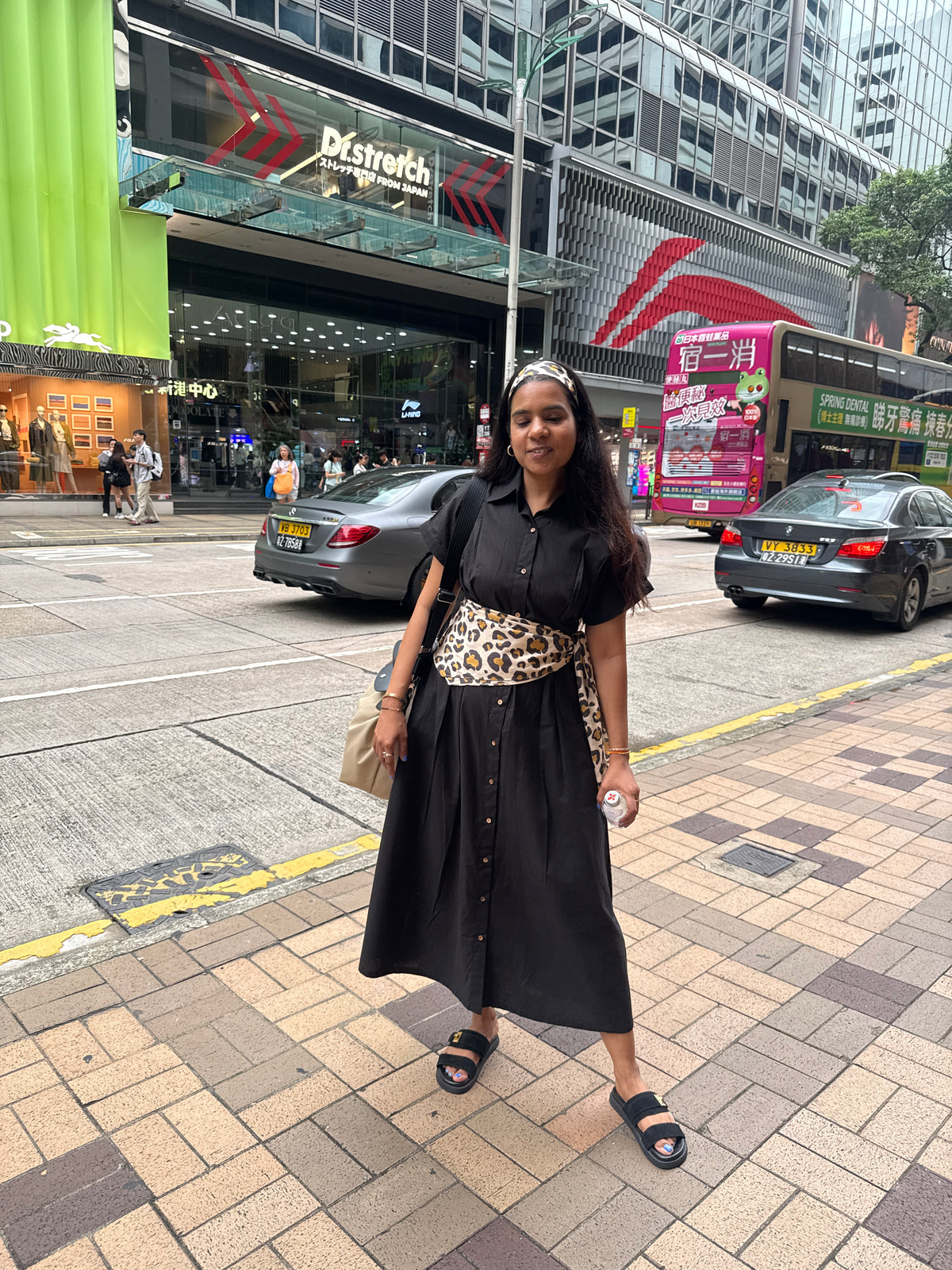 Black poplin fitted waist dress with leopard scarf & headband