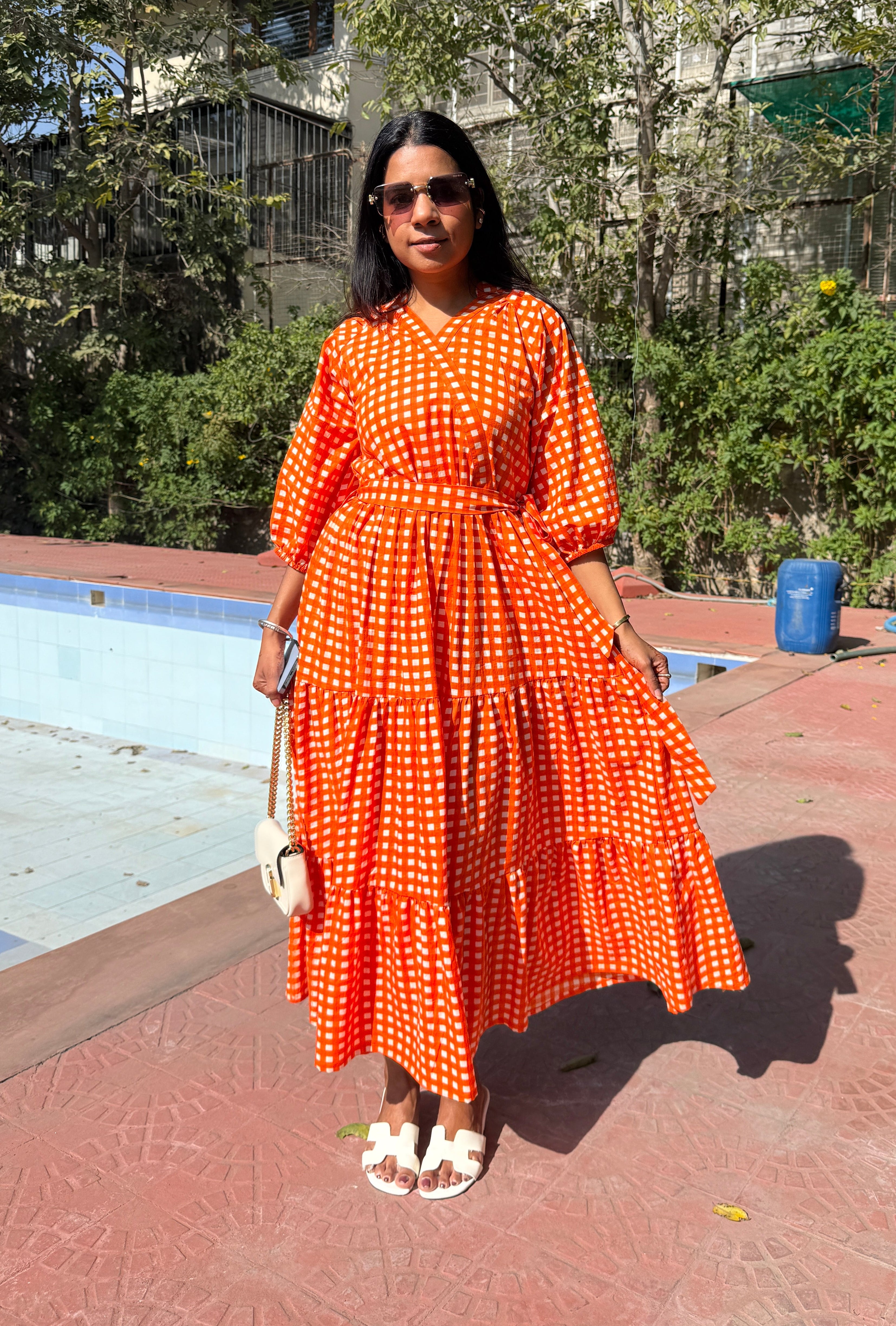 Orange Gingham Tiered Long Dress