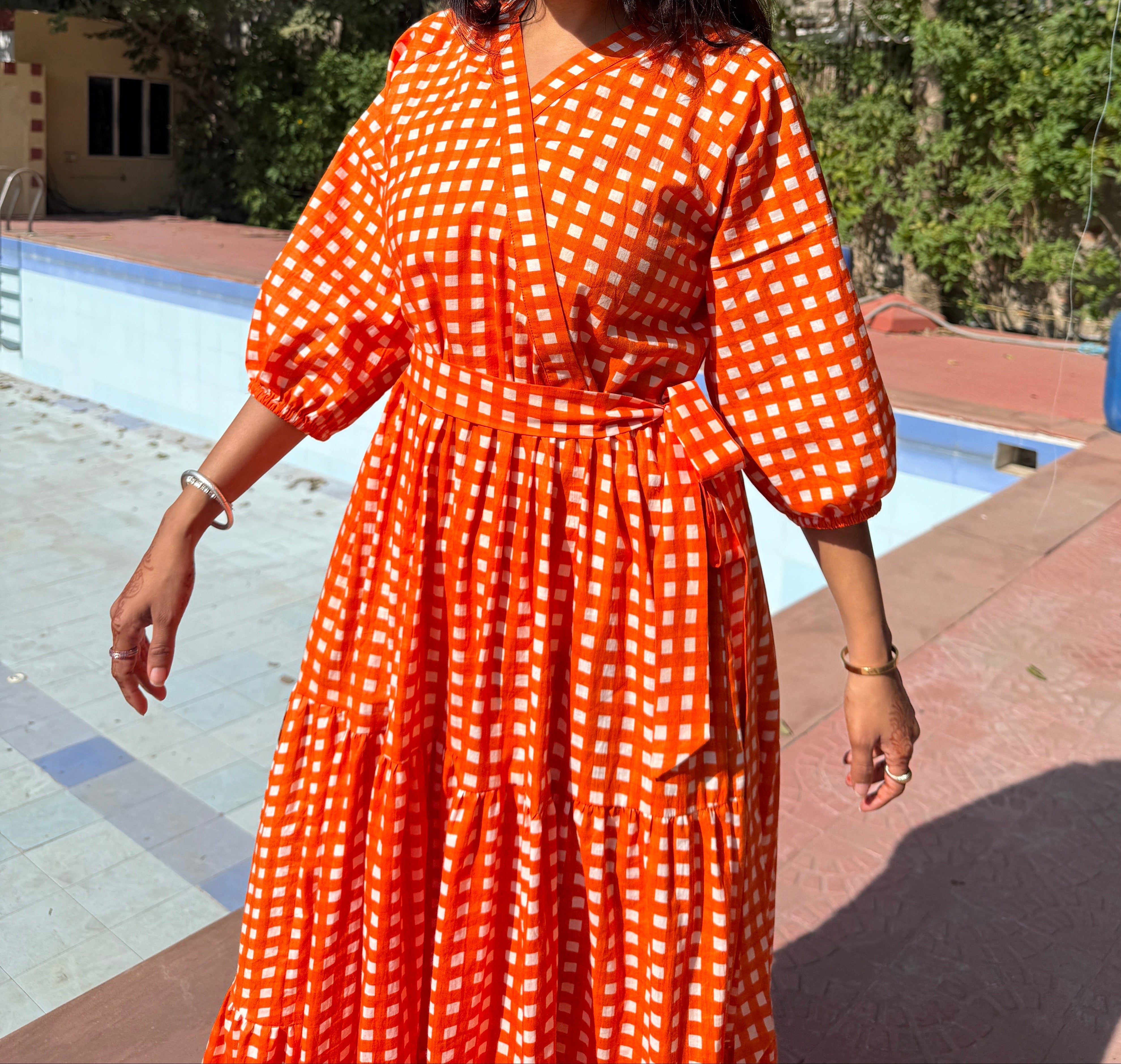Orange Gingham Tiered Long Dress