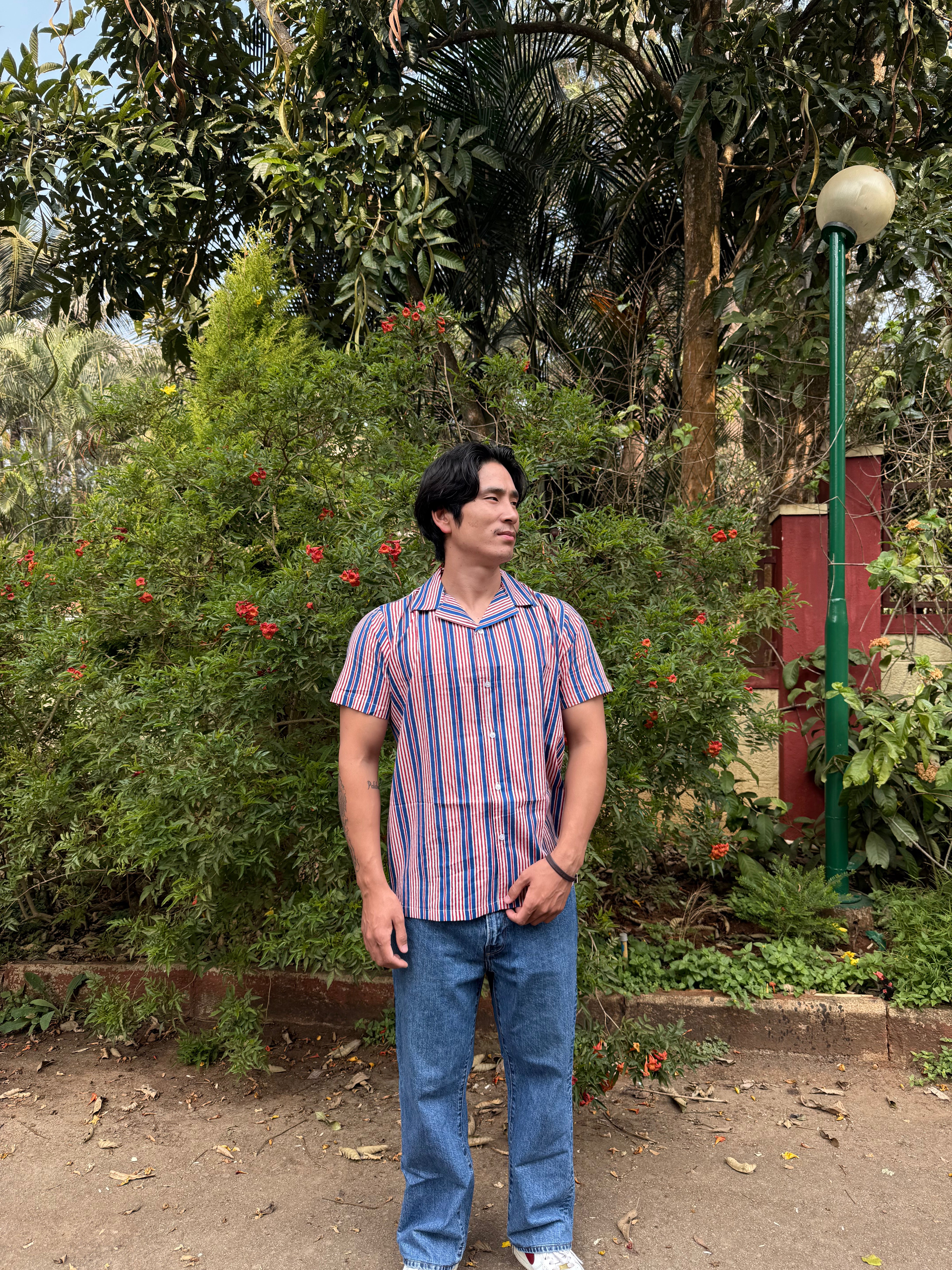 Red Blue Striped Menʼs Shirt