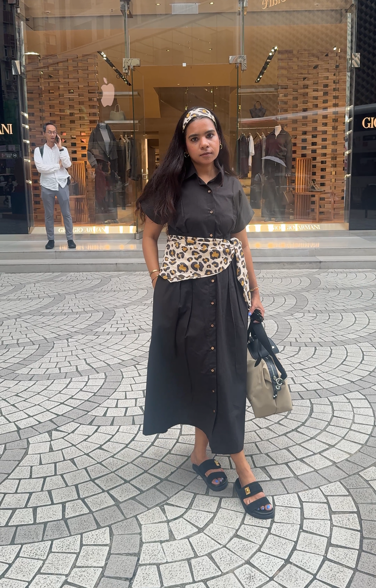 Black poplin fitted waist dress with leopard scarf & headband