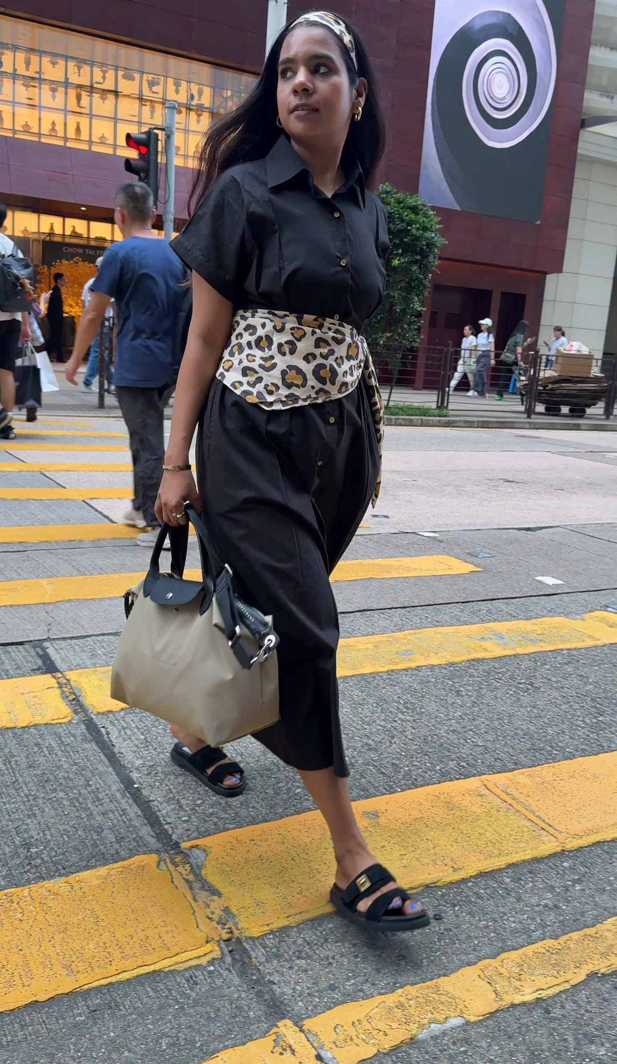 Black poplin fitted waist dress with leopard scarf & headband