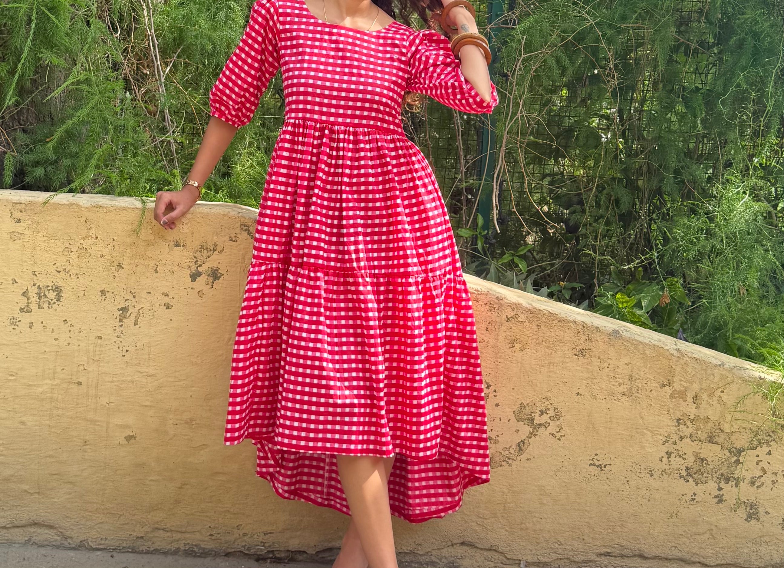 Red-Pink Gingham Loose fit Dress