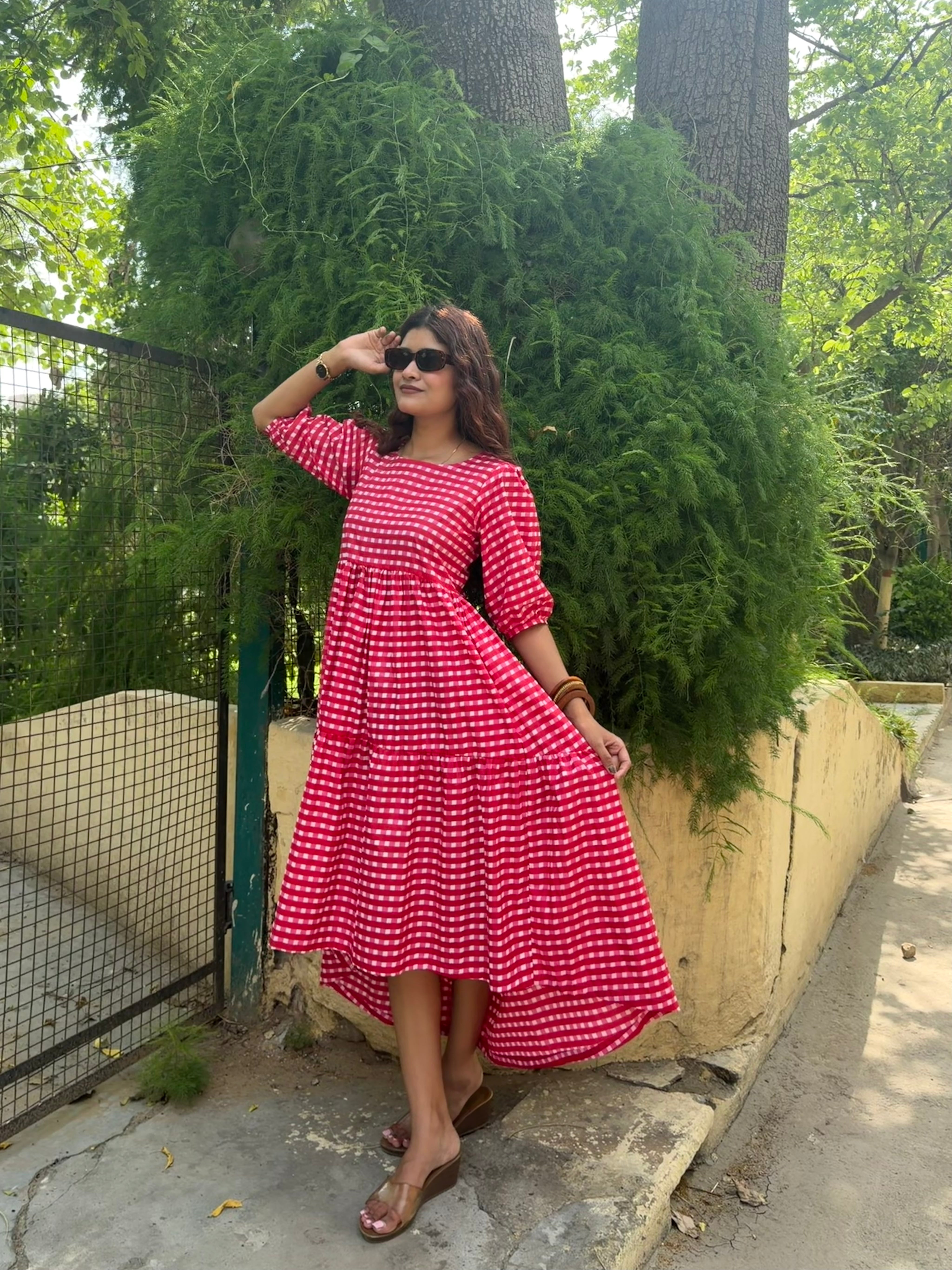 Red-Pink Gingham Loose fit Dress