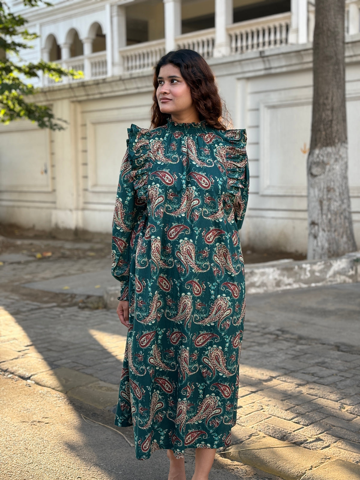 Teal Paisley Ruffle Long Dress