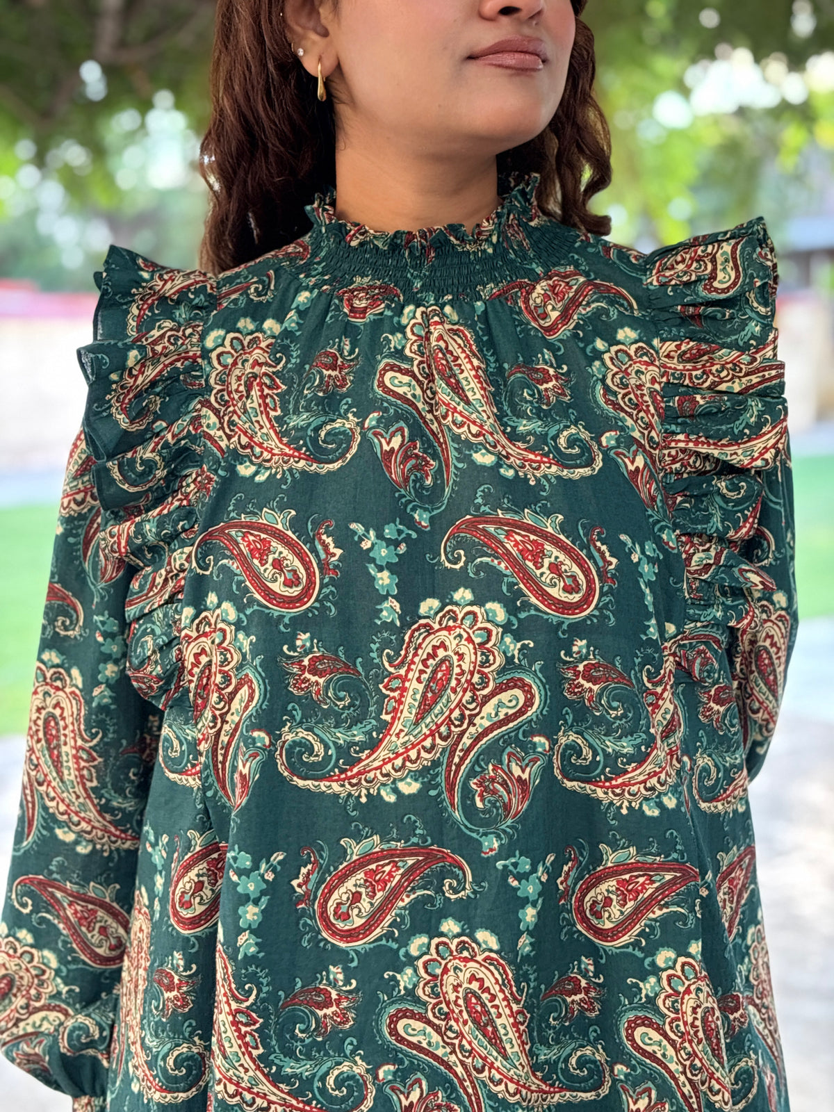 Teal Paisley Ruffle Long Dress