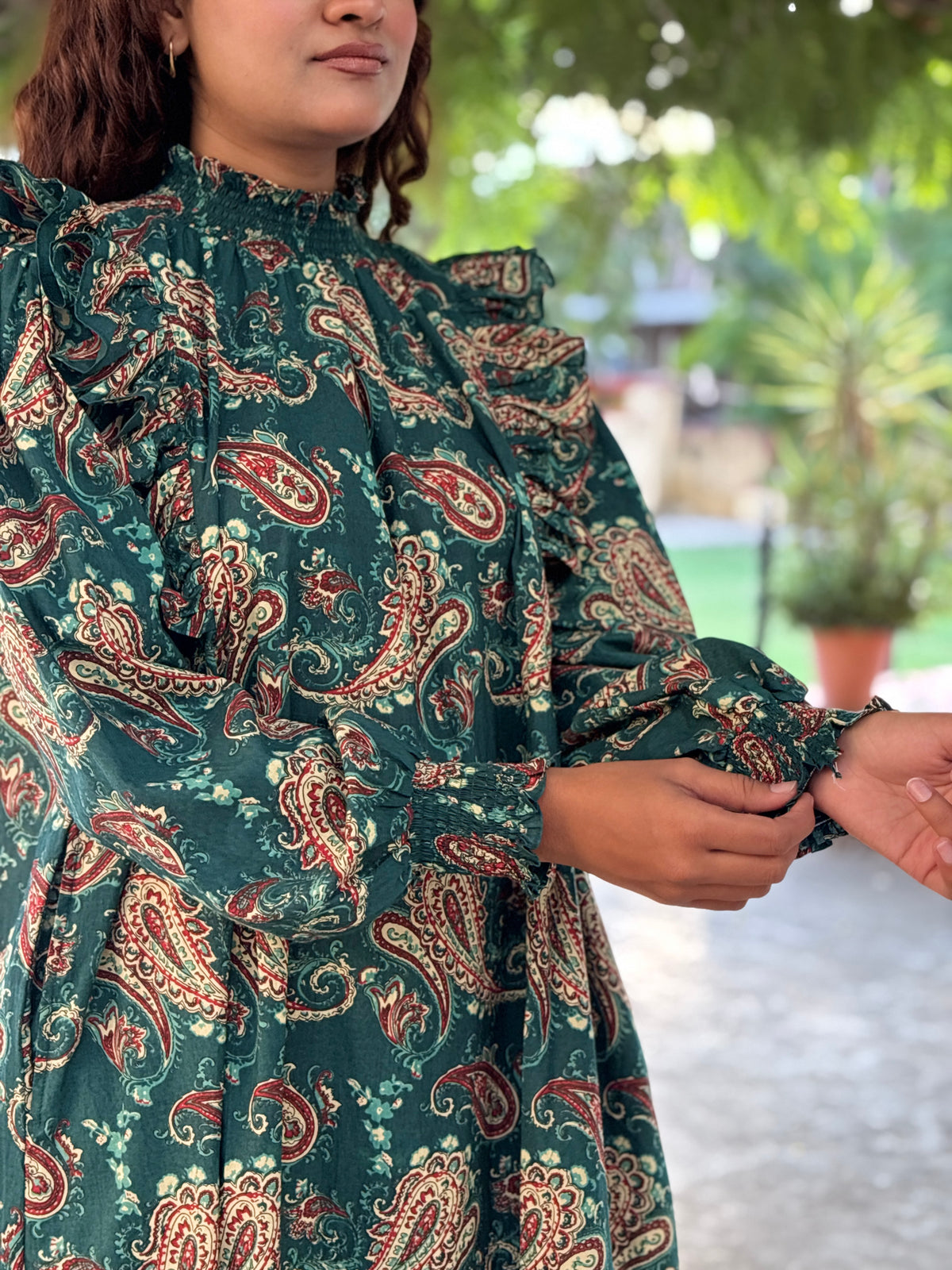 Teal Paisley Ruffle Long Dress