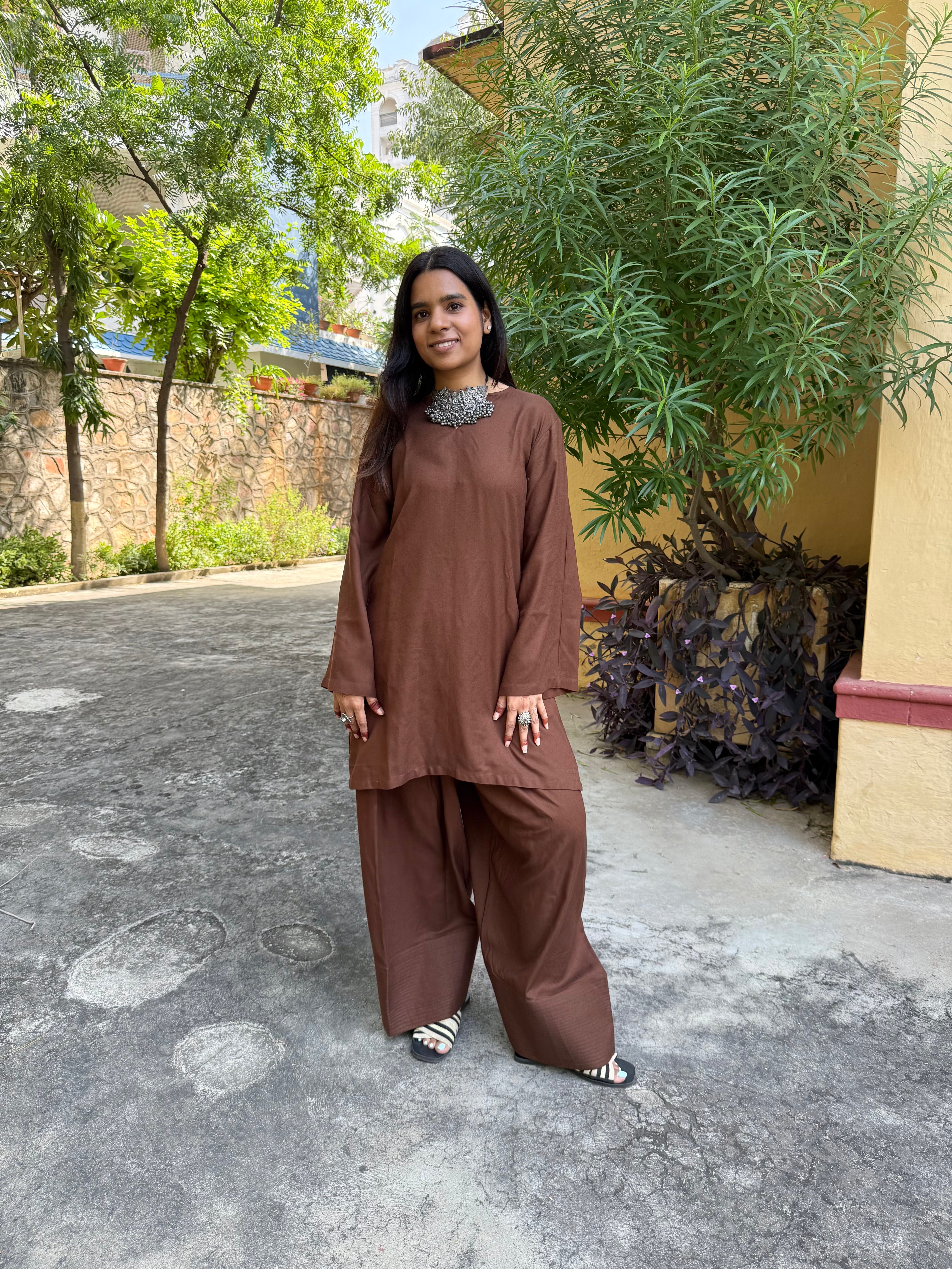 Coffee Brown Solid Farshi Salwar Set