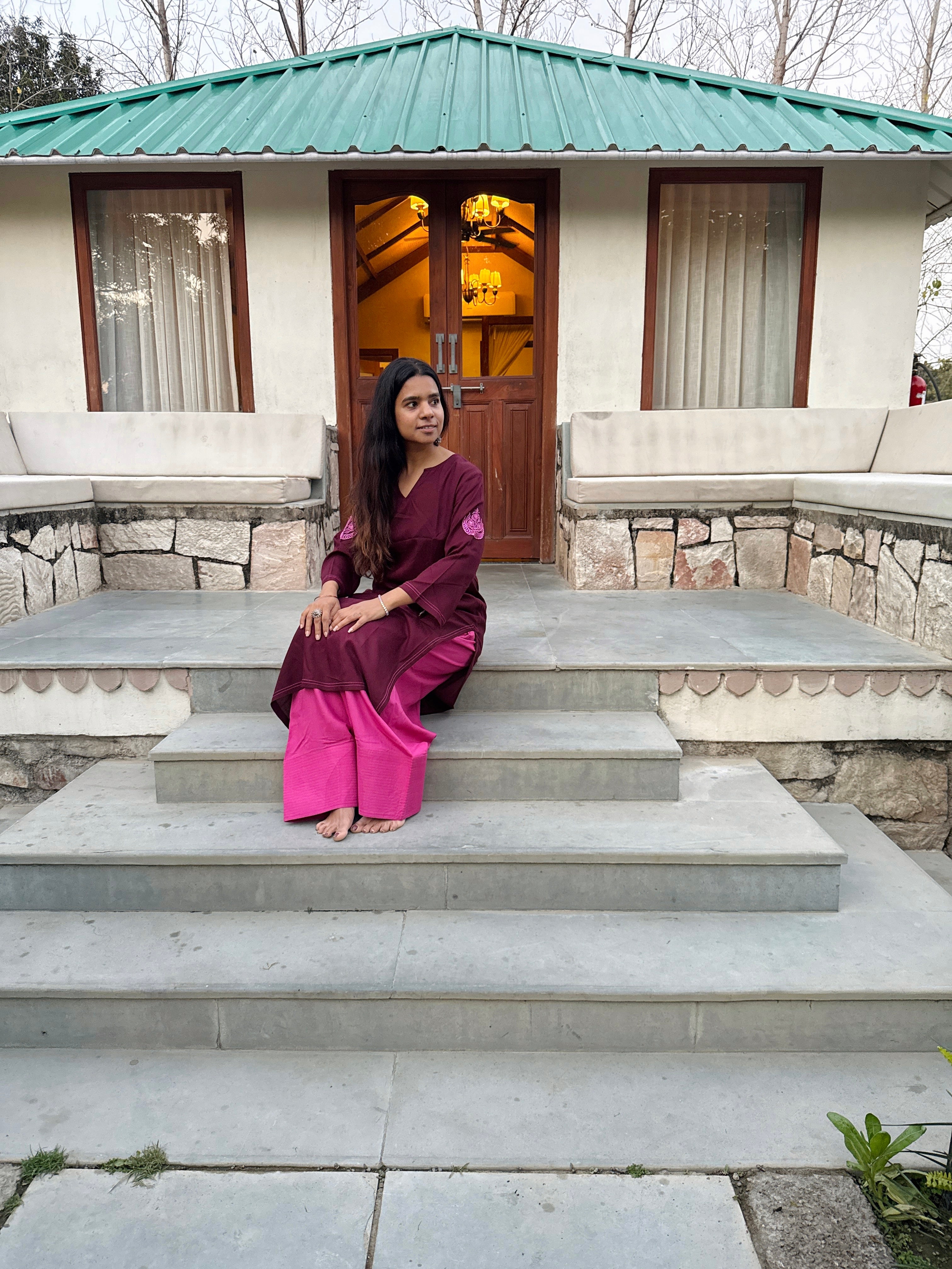 Embroidered Burgundy Long Farshi Salwar Set