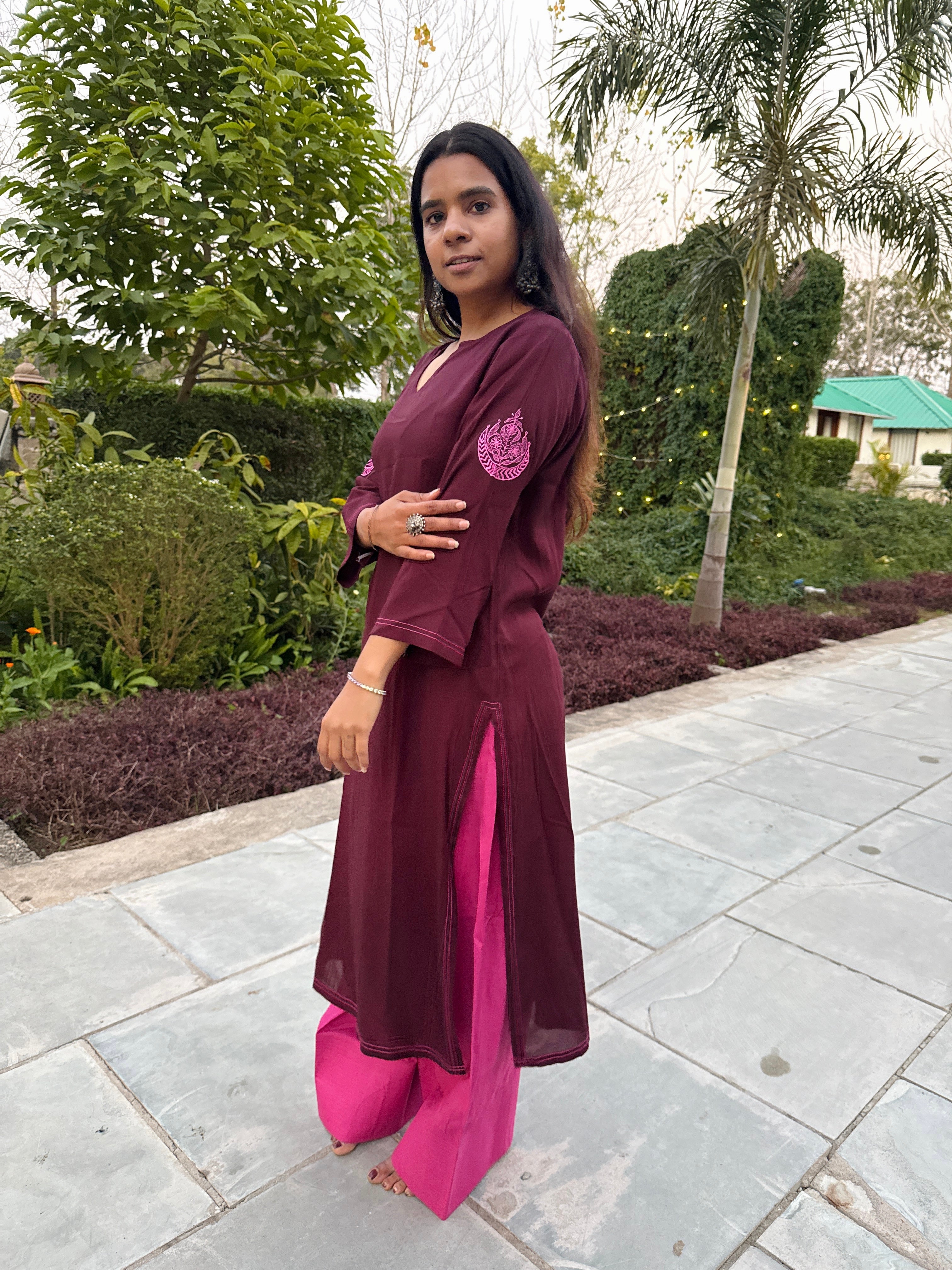 Embroidered Burgundy Long Farshi Salwar Set