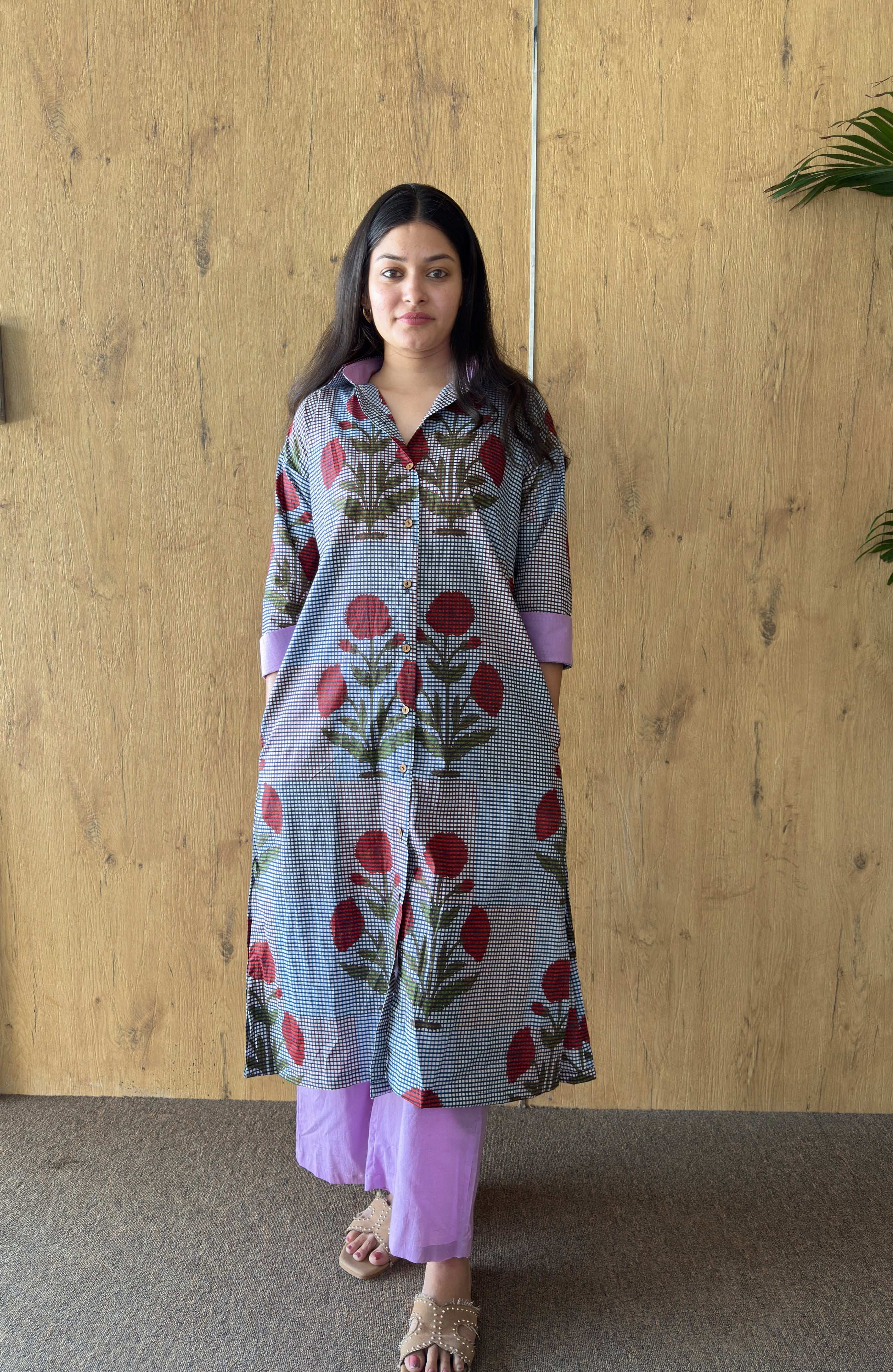 Floral Gingham Tunic with Purple Pant set