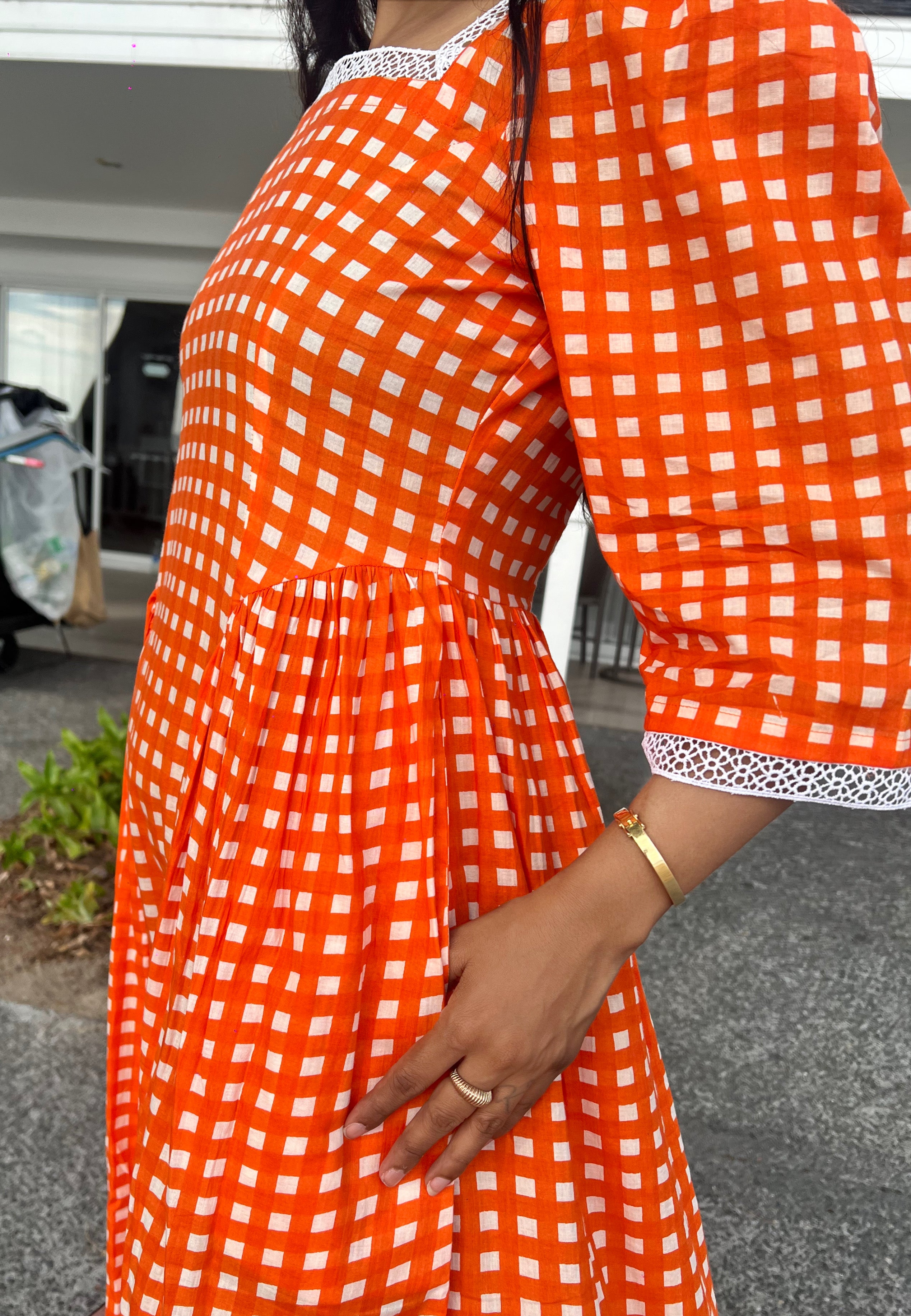 Sunset Orange Gingham Cotton Midi Dress