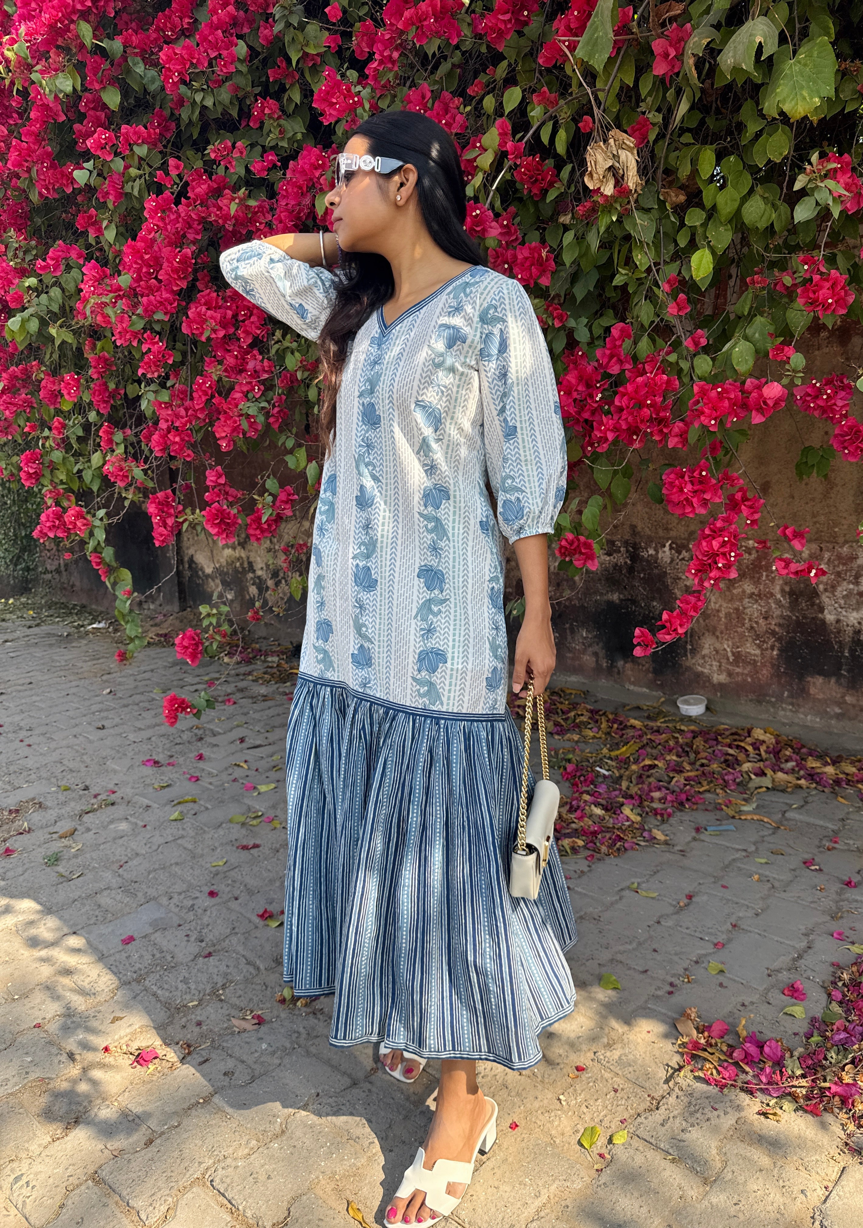 Blue Spring Tiered Dress with slit