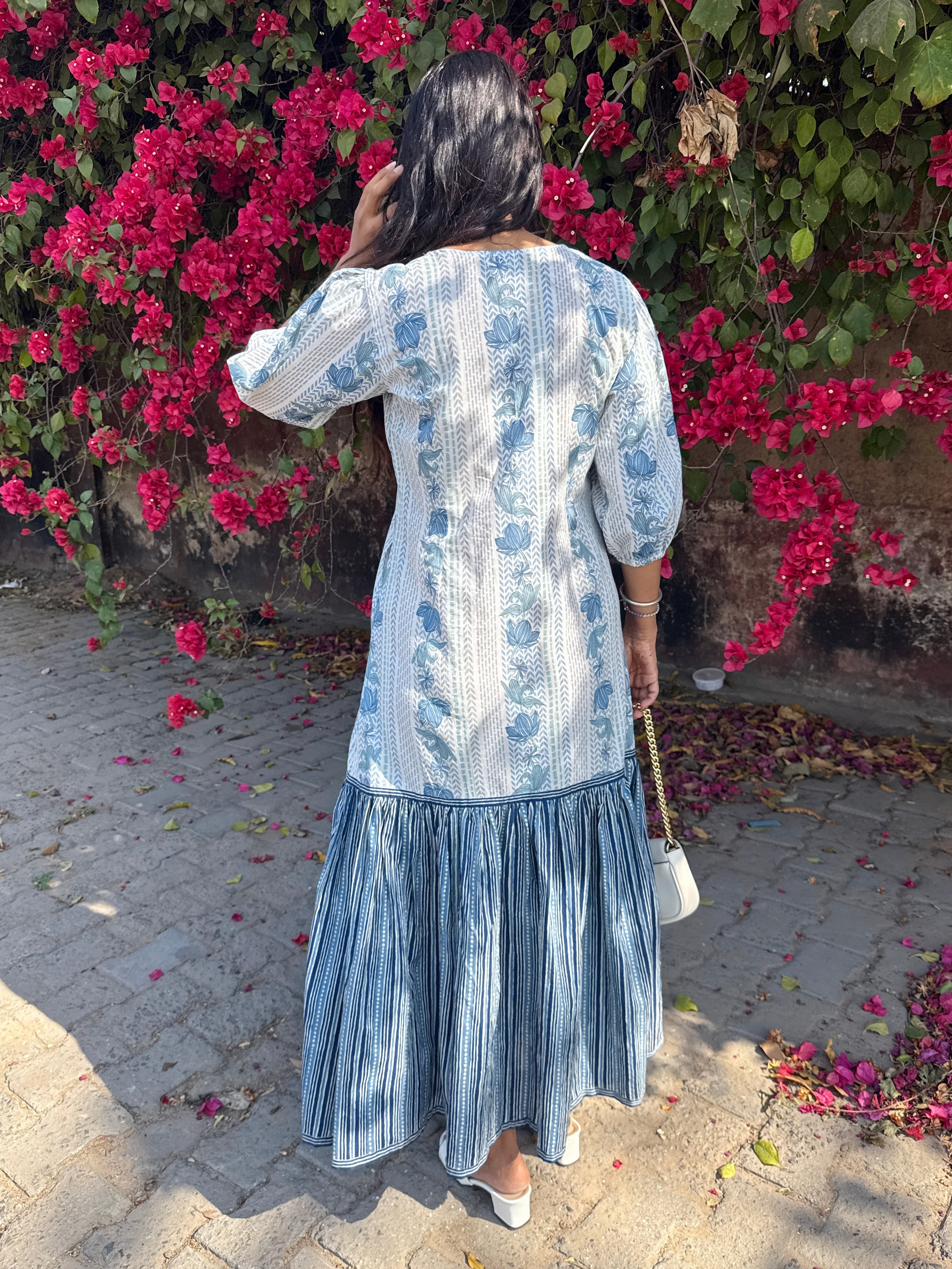 Blue Spring Tiered Dress with slit