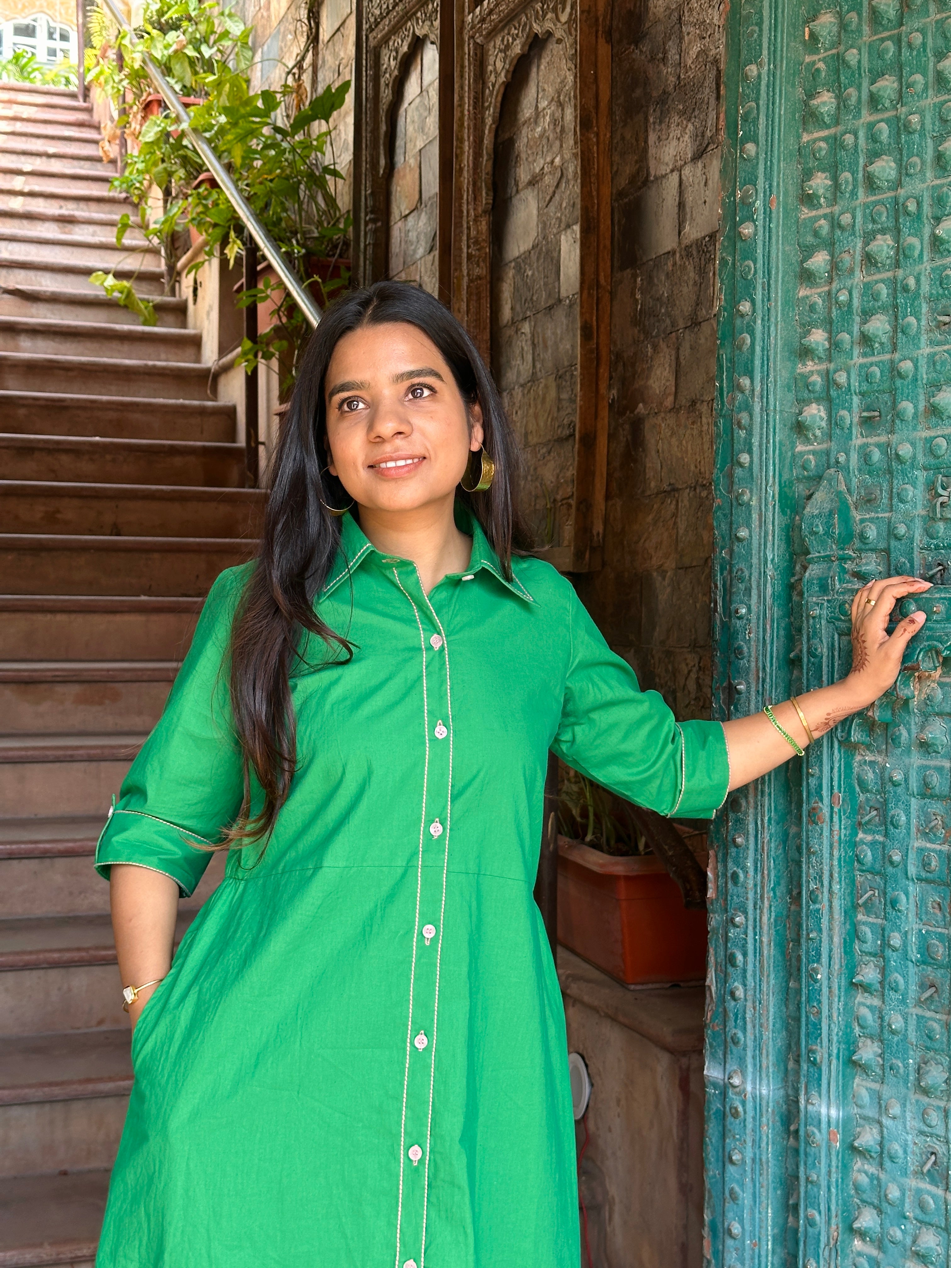 Green Poplin button down dress