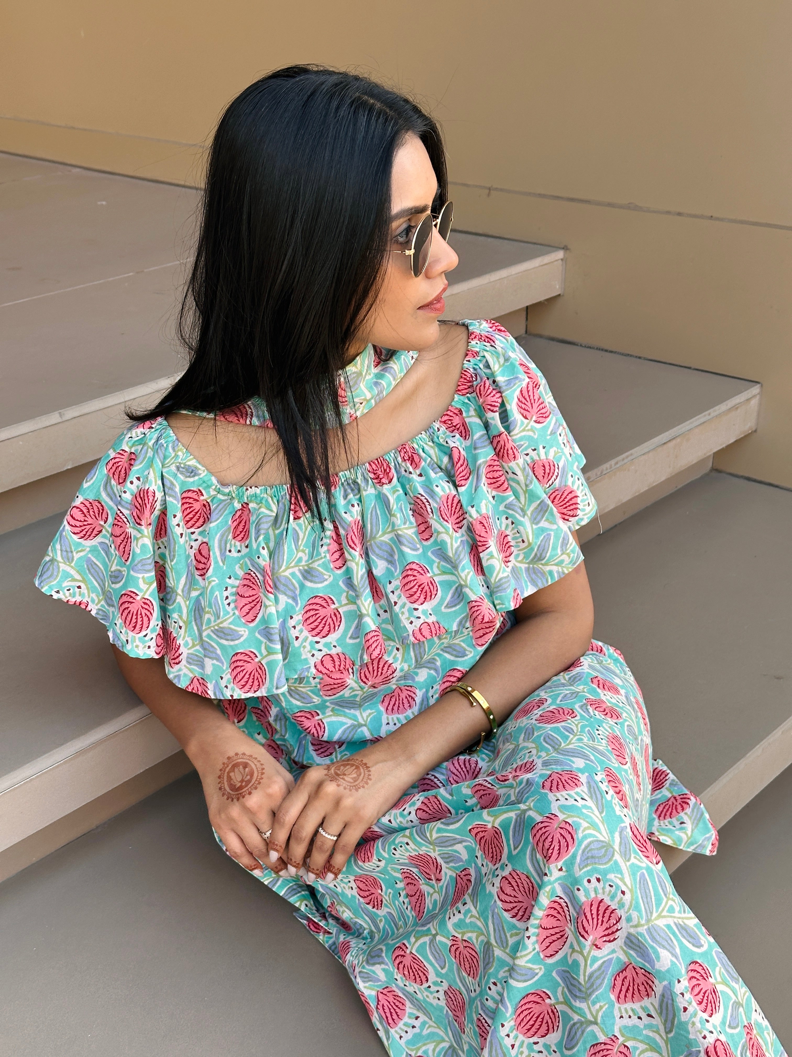 Mint cotton long dress with scarf