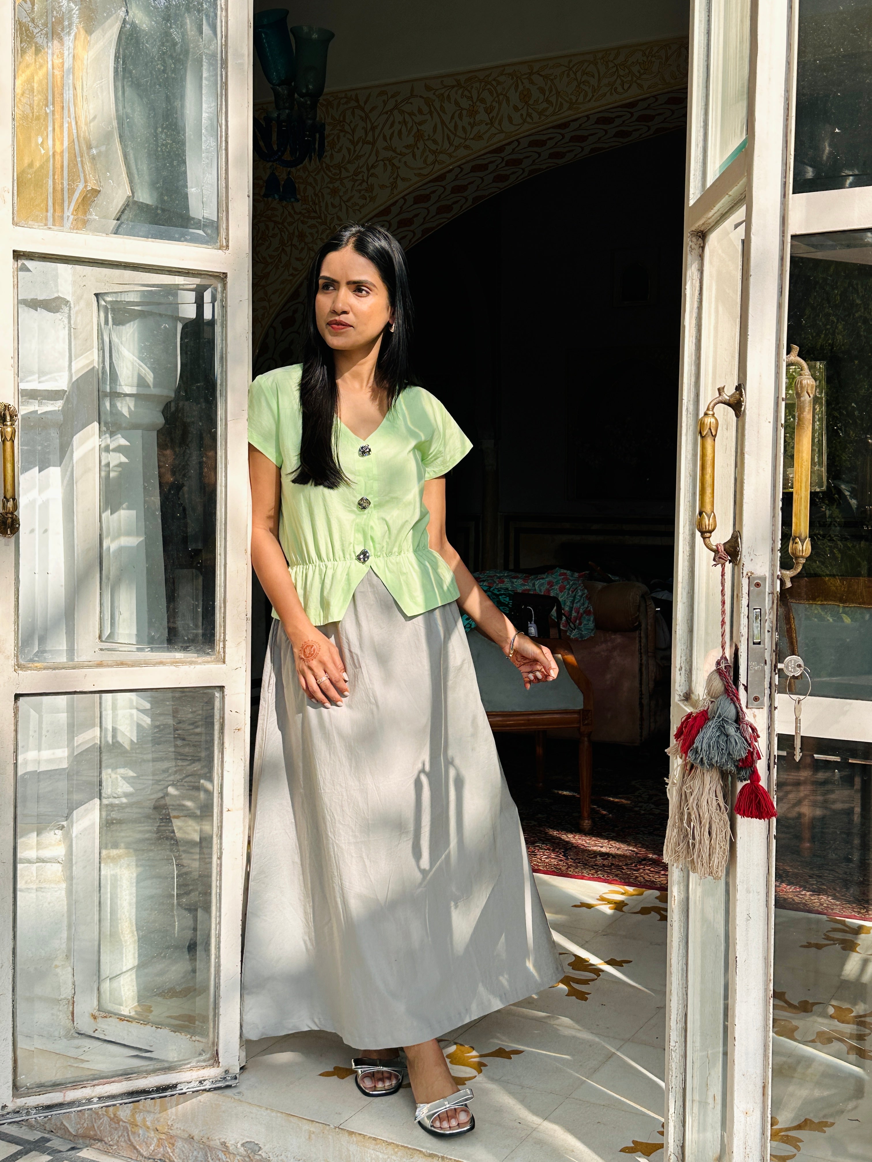 Matcha Green and Grey poplin waisted dress