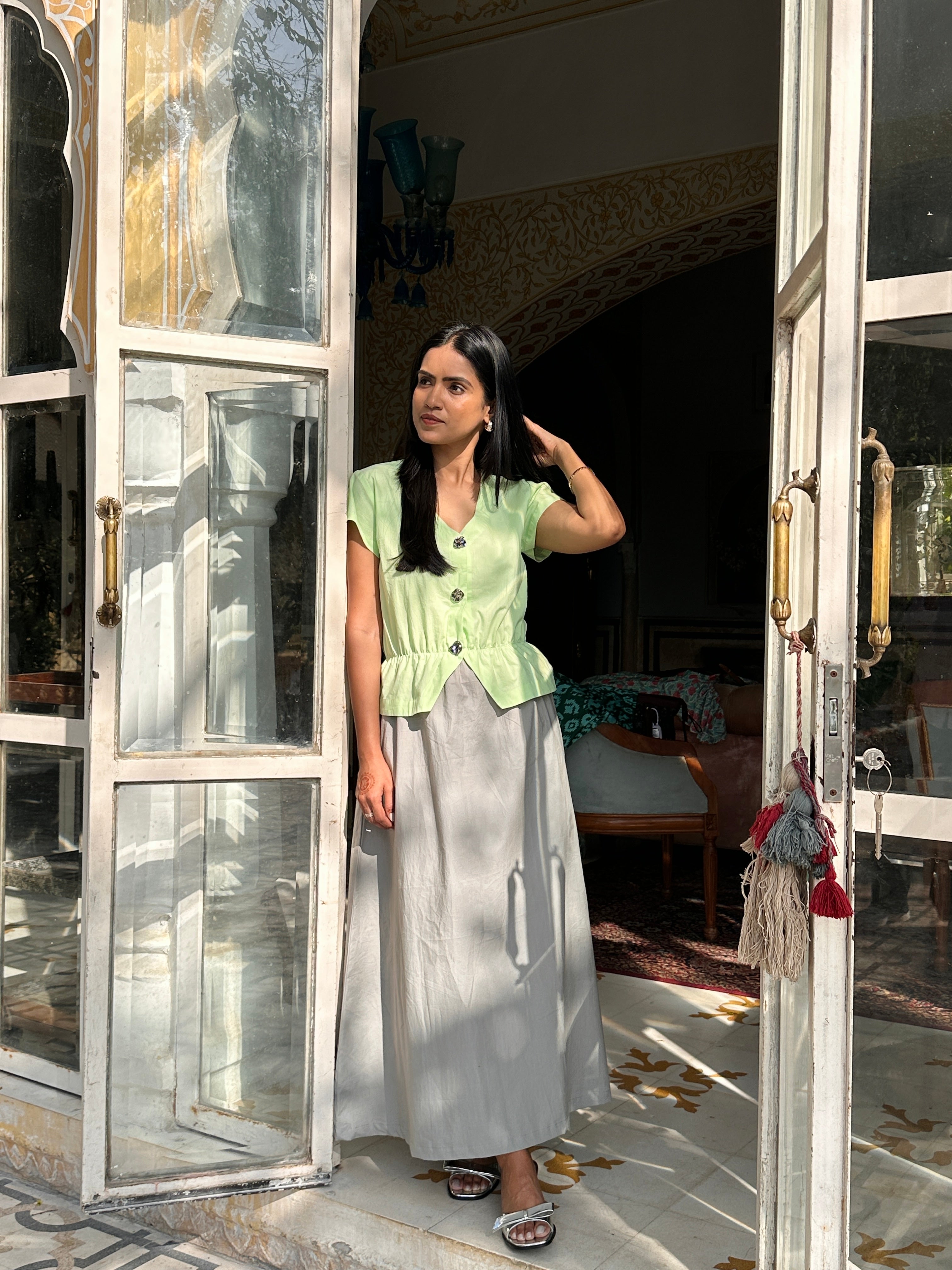 Matcha Green and Grey poplin waisted dress