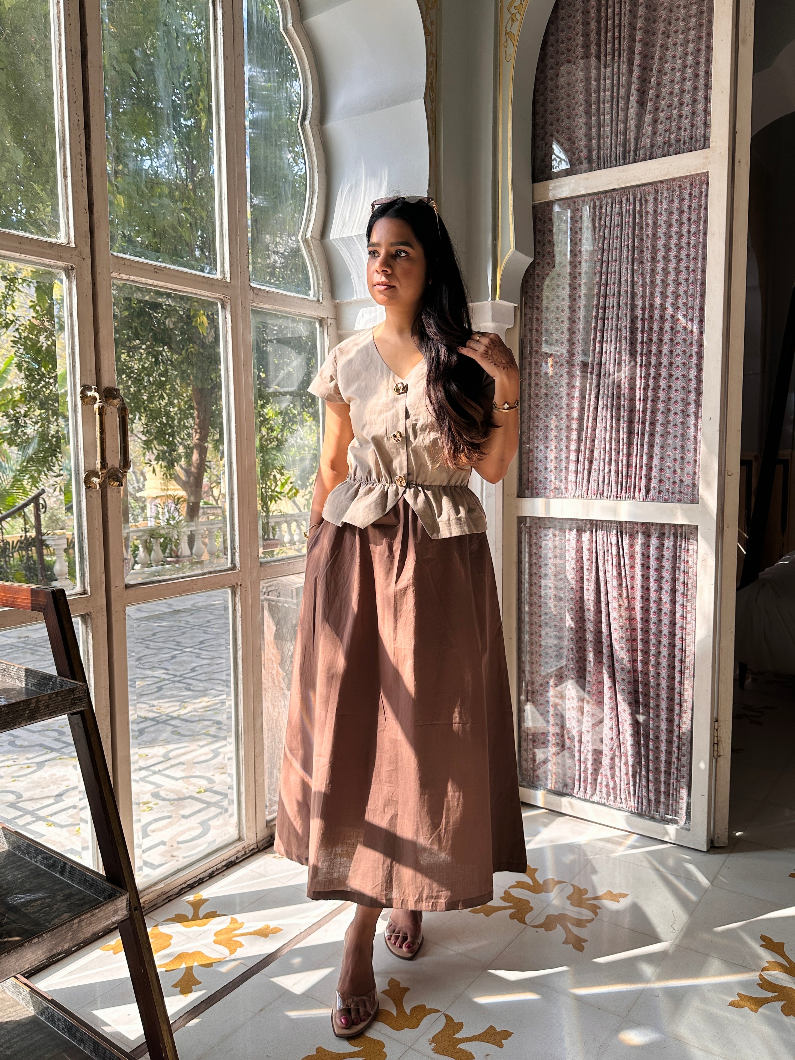 Earthy grey and Brown Poplin waisted dress