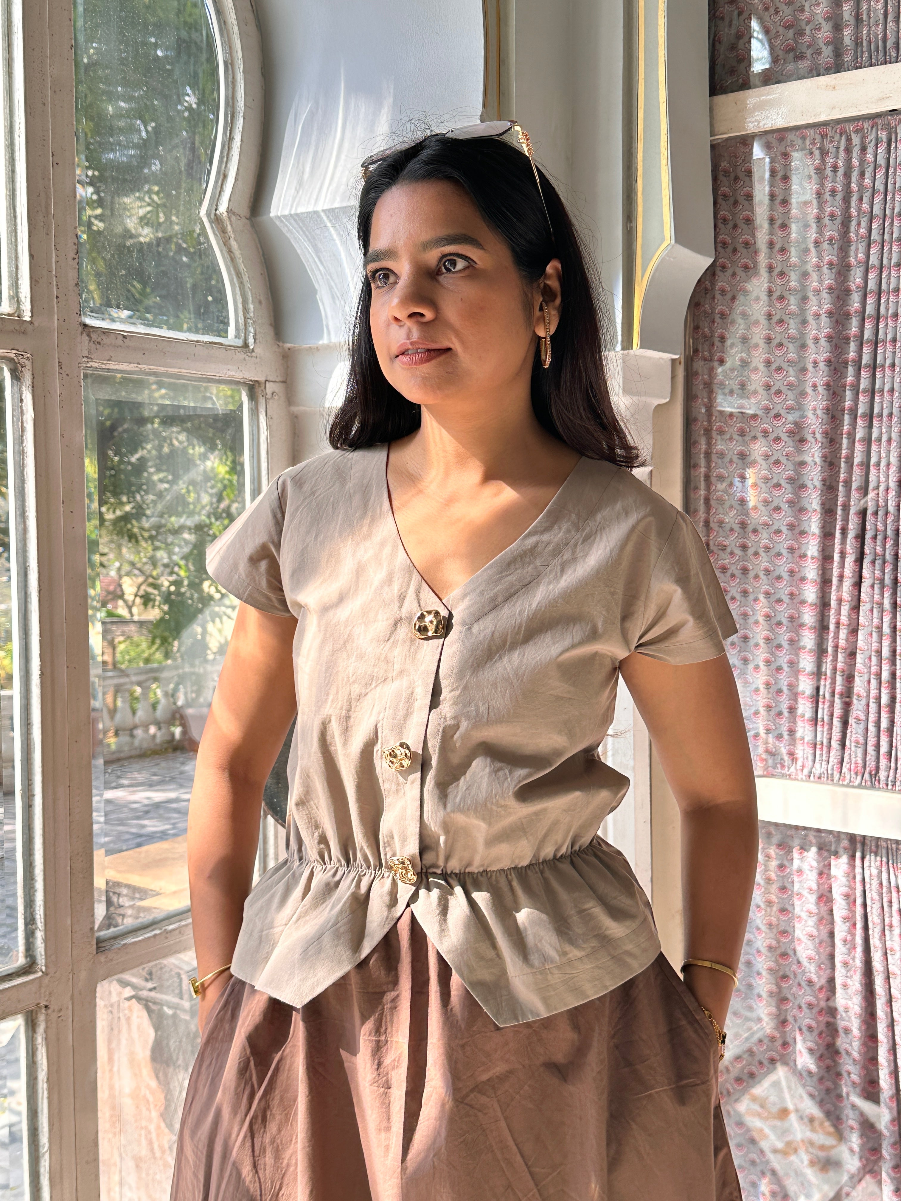 Earthy grey and Brown Poplin waisted dress