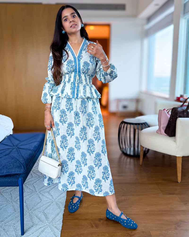 Hand-blocked White & Blue Elasticated Matching Couple Set