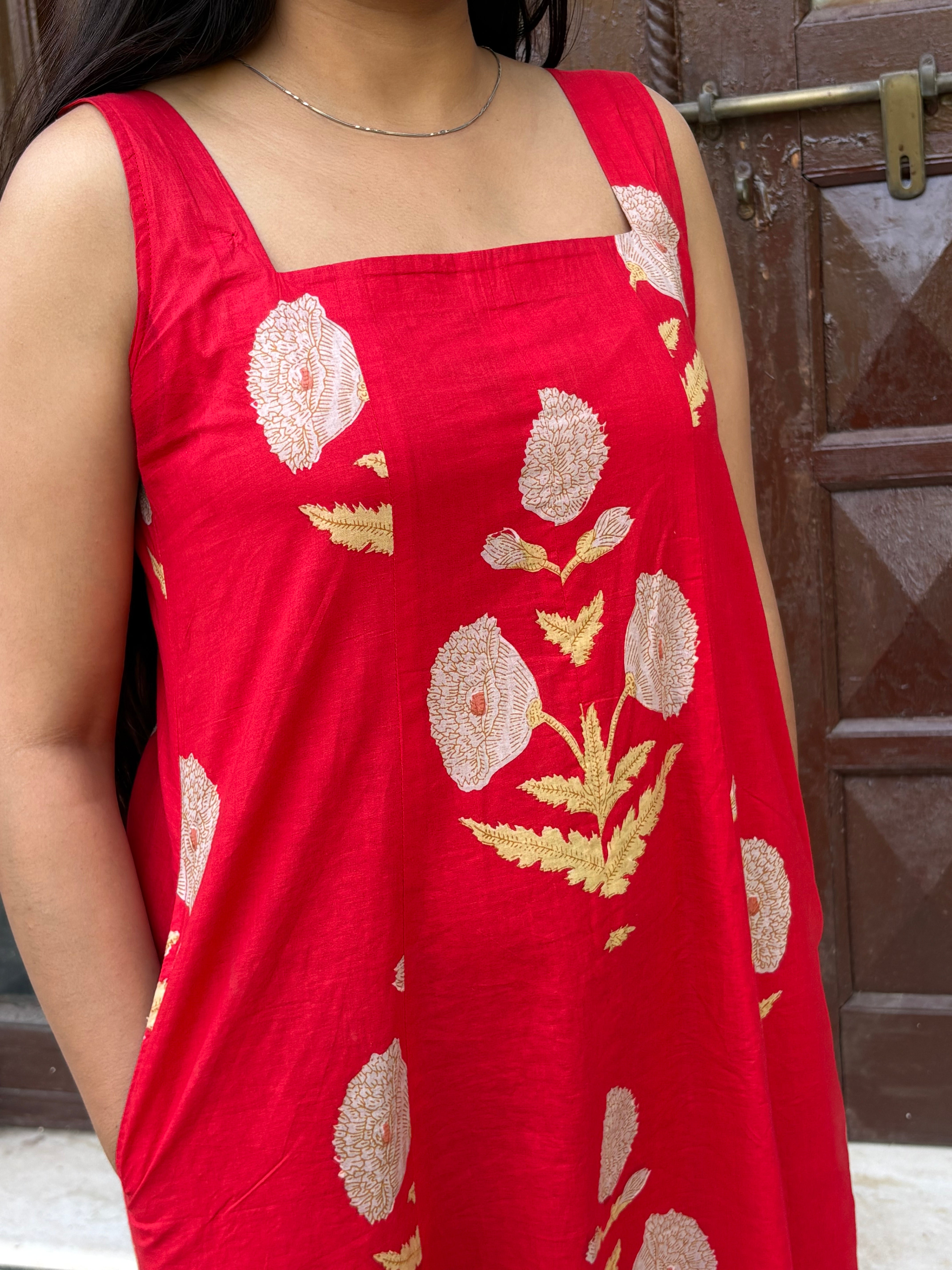 Red Buta Fit Flared Dress