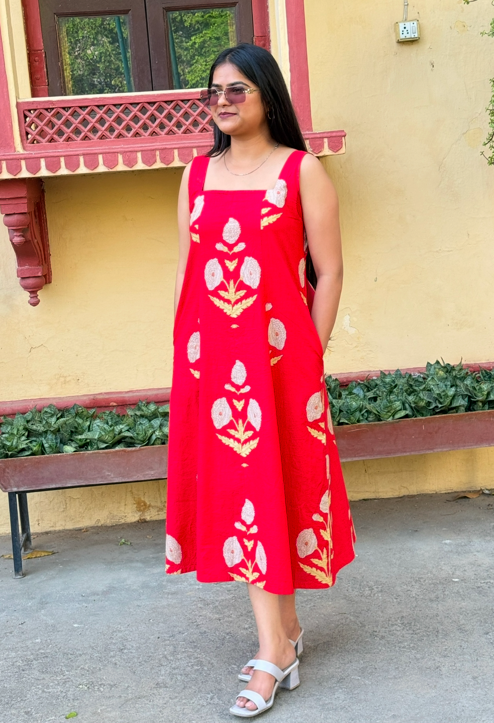 Red Buta Fit Flared Dress