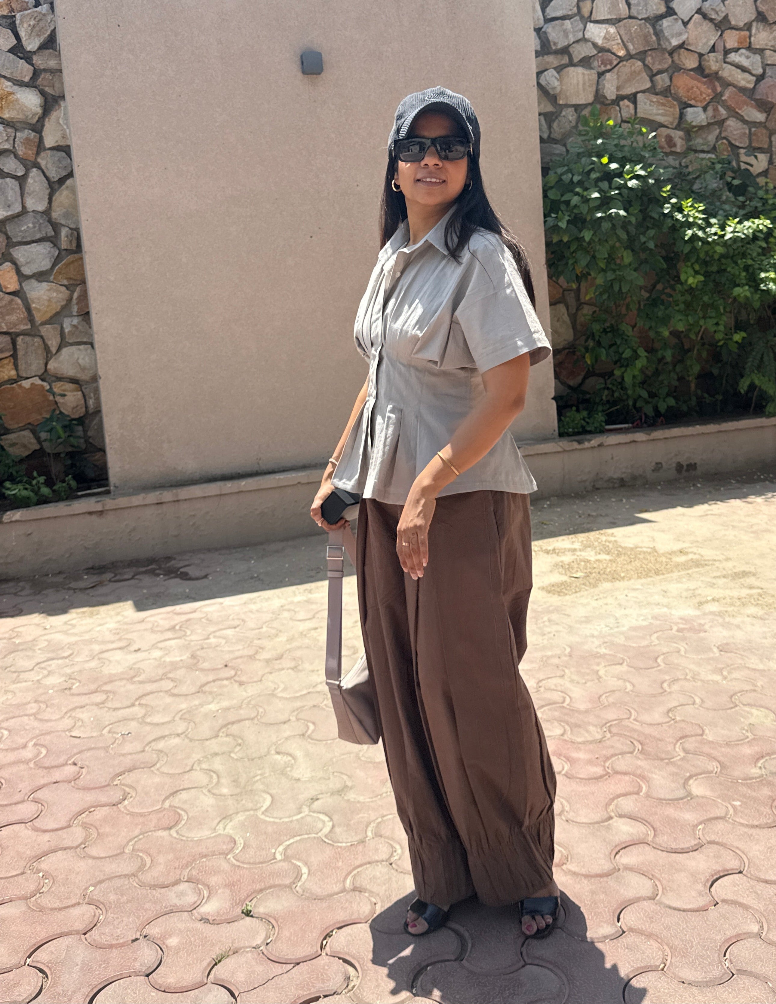 Fitted Shirt & Balloon Pant set - Grey Brown