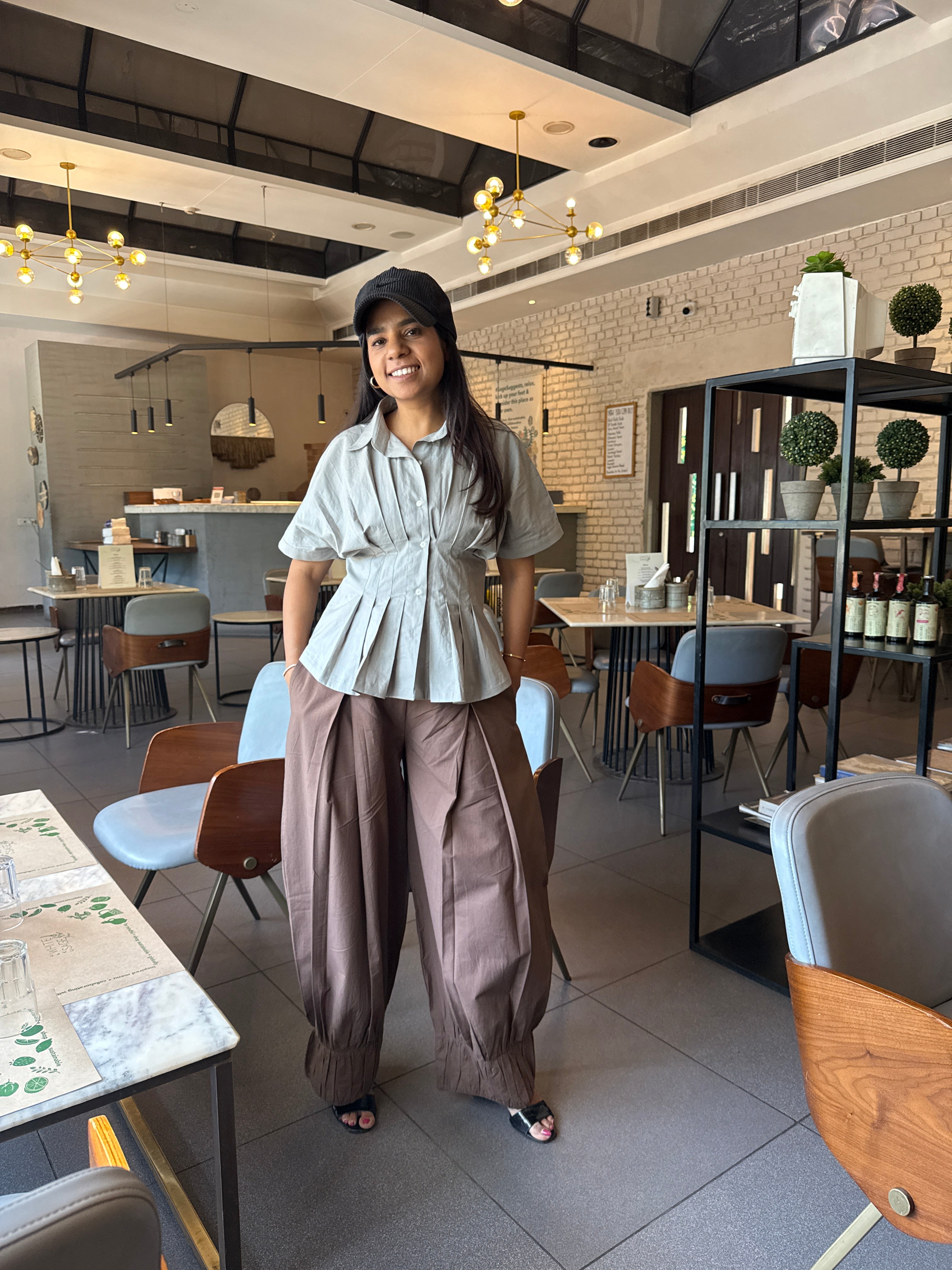 Fitted Shirt & Balloon Pant set - Grey Brown