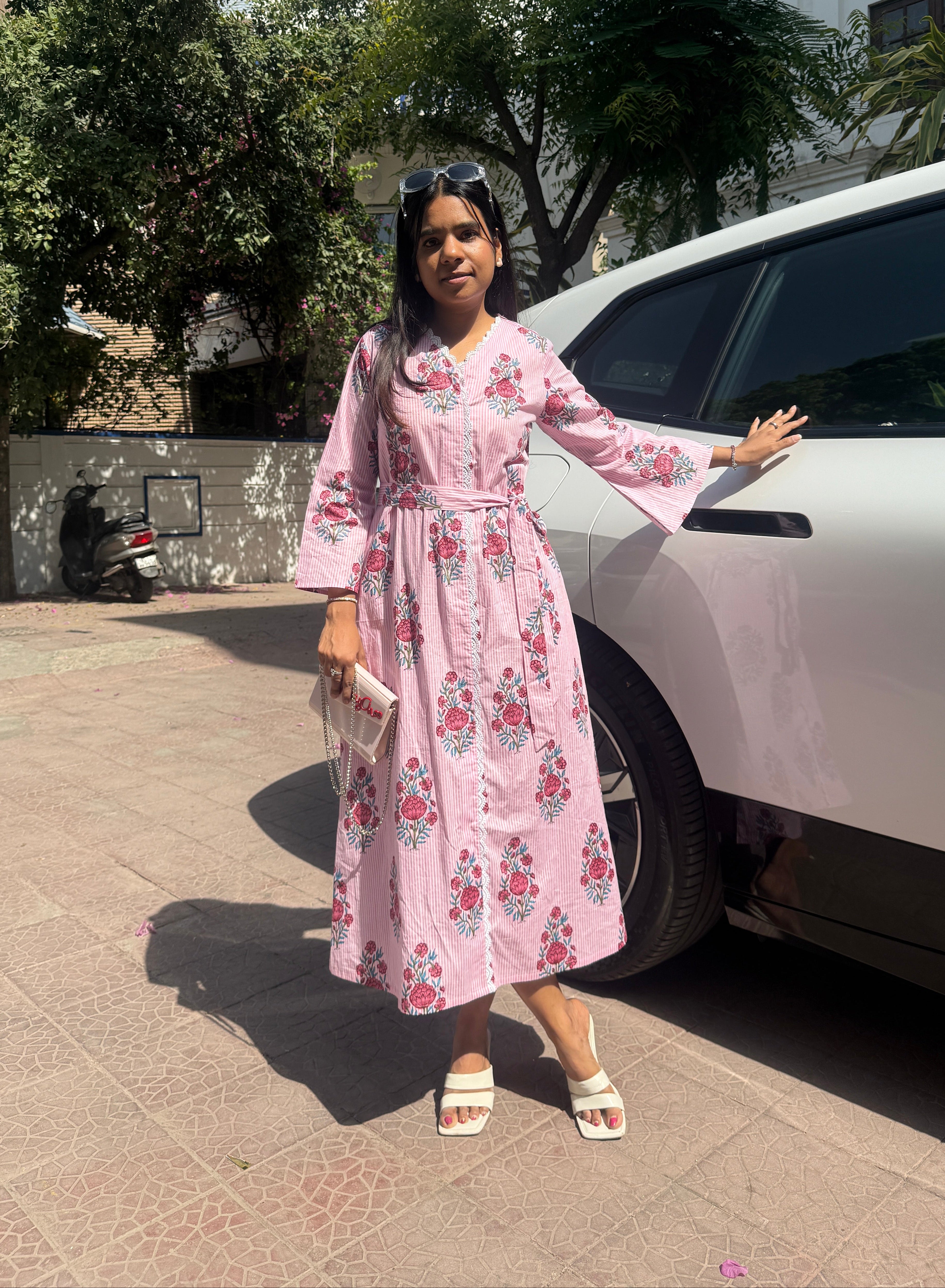 Pink Striped Lace Dress with Belt