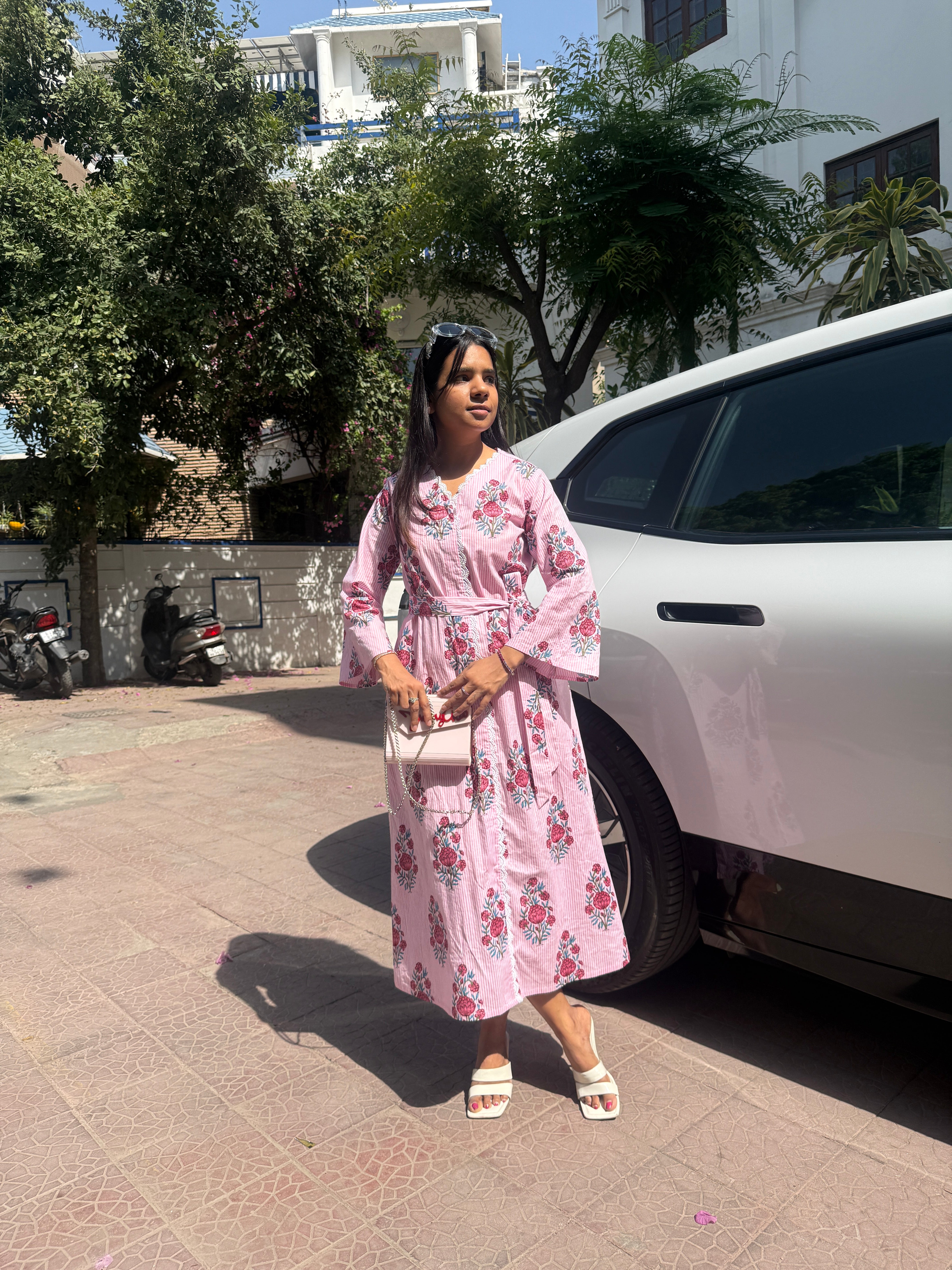 Pink Striped Lace Dress with Belt