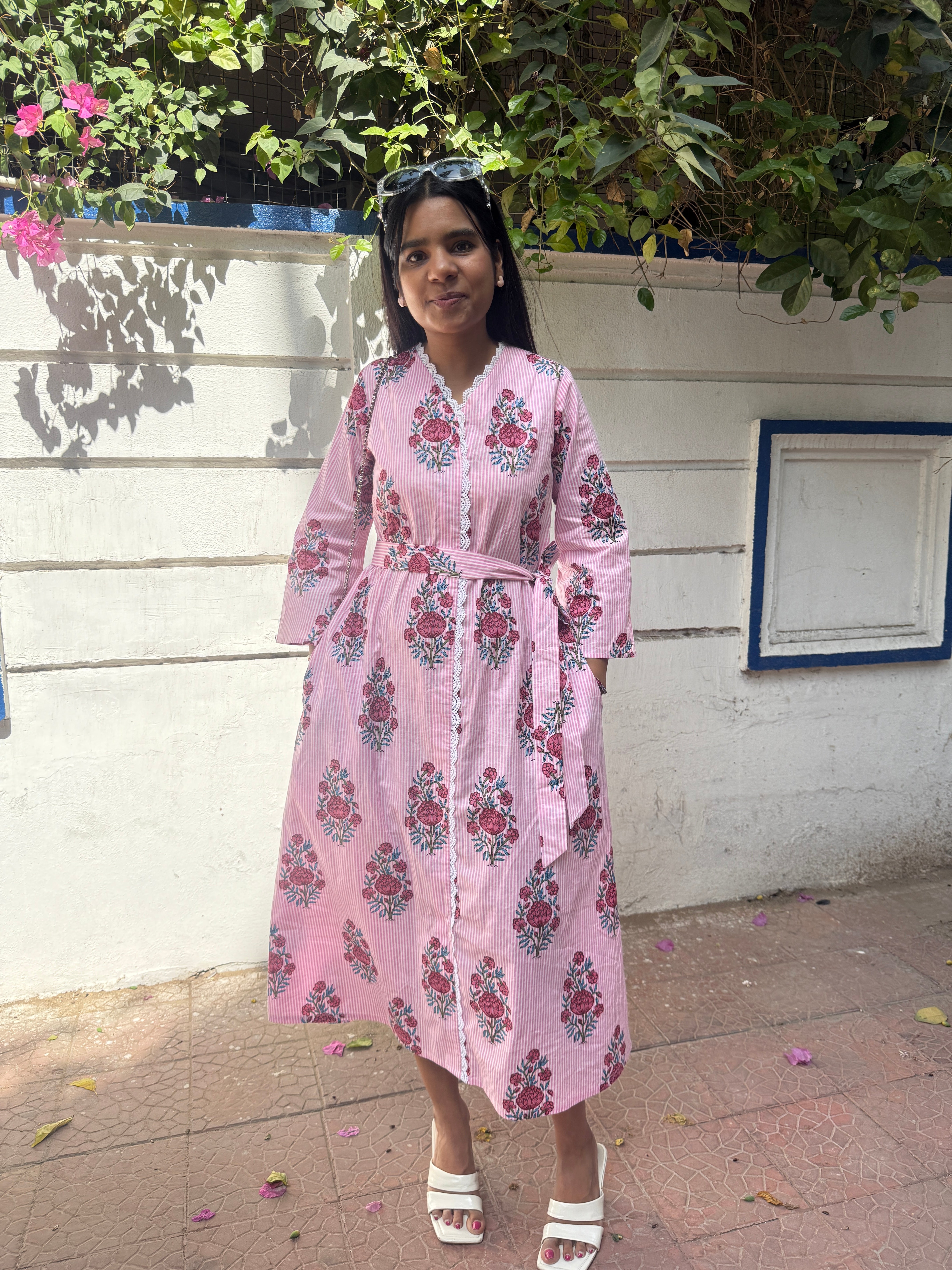 Pink Striped Lace Dress with Belt