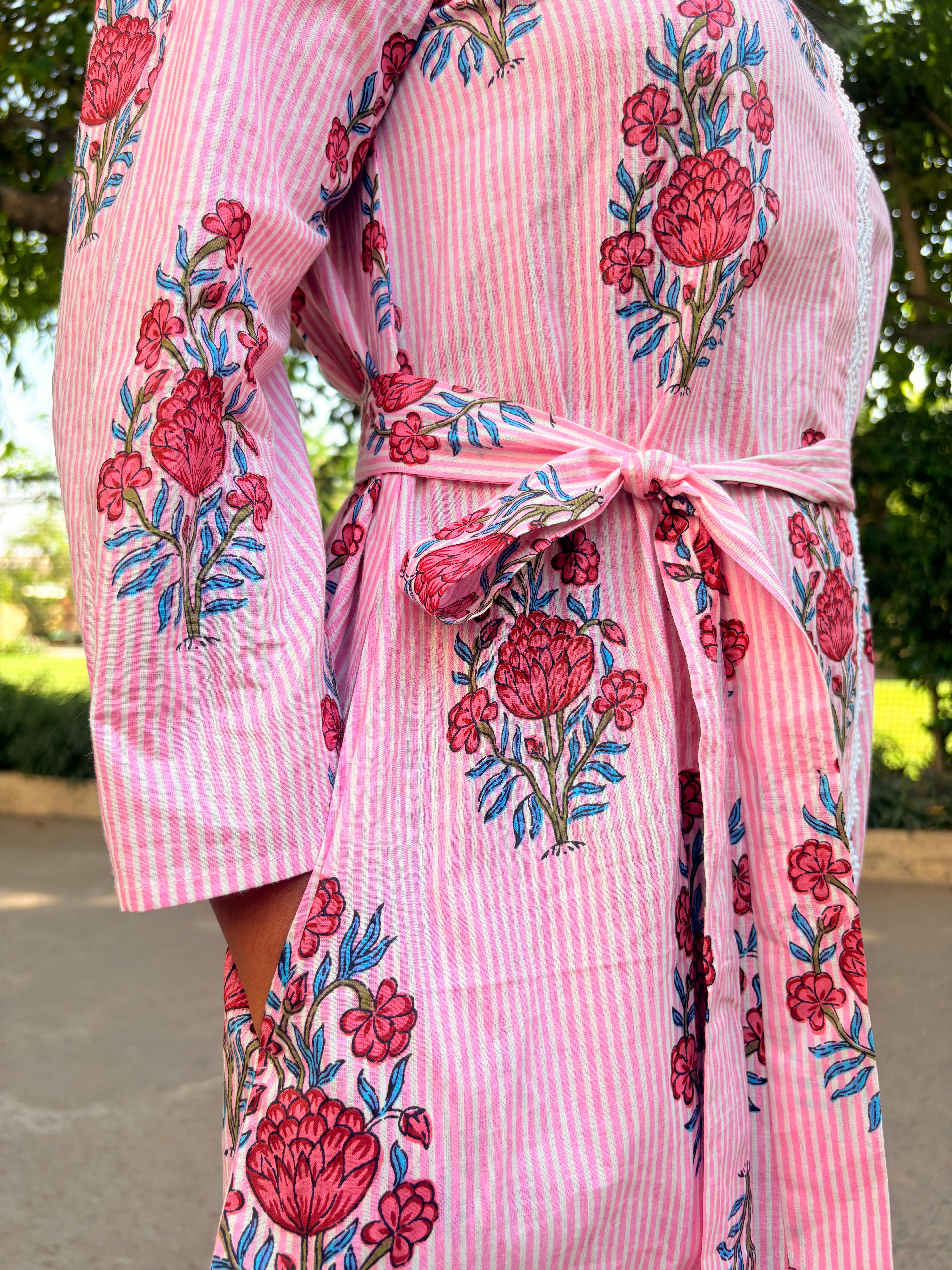 Pink Striped Lace Dress with Belt