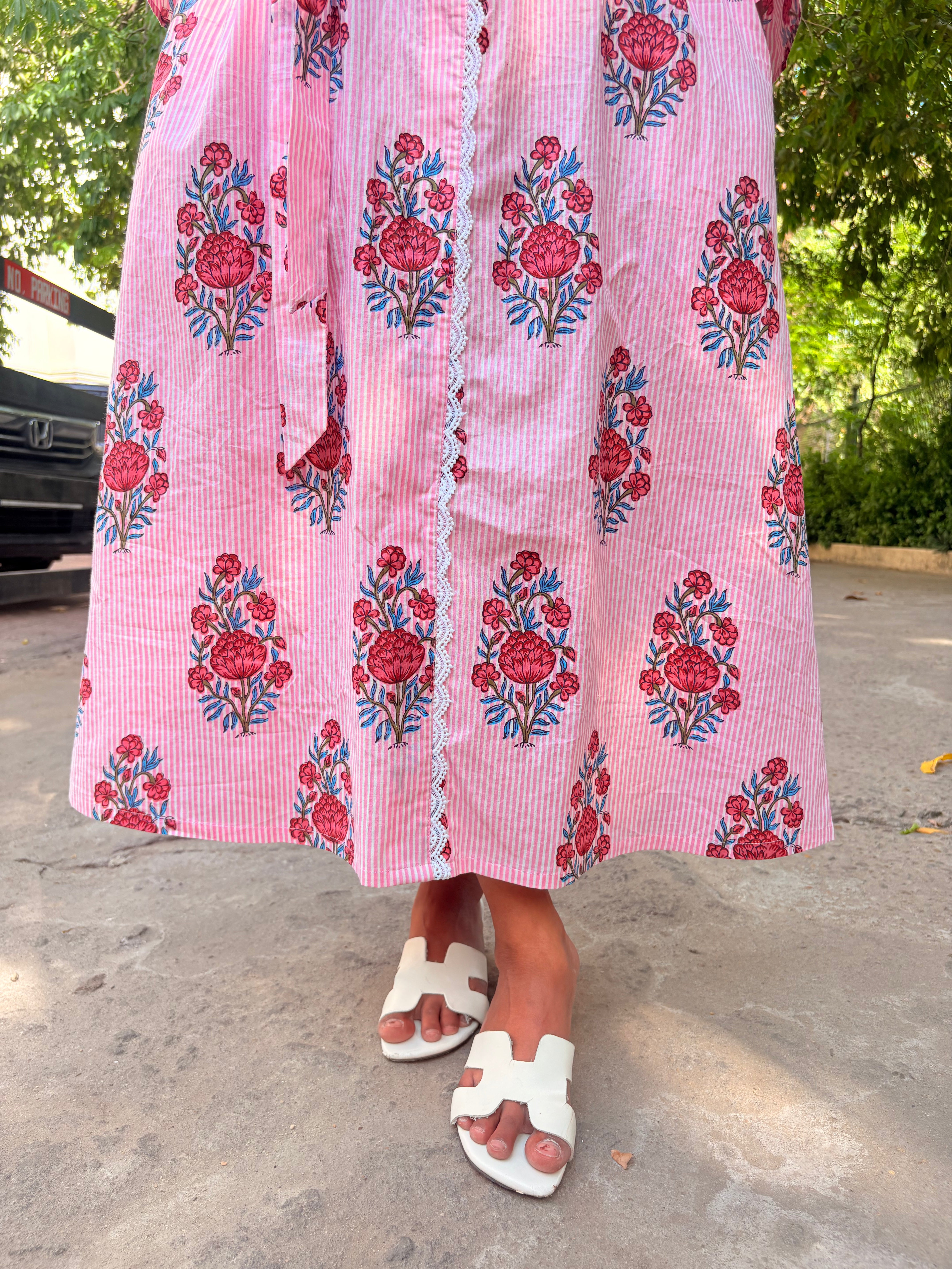 Pink Striped Lace Dress with Belt