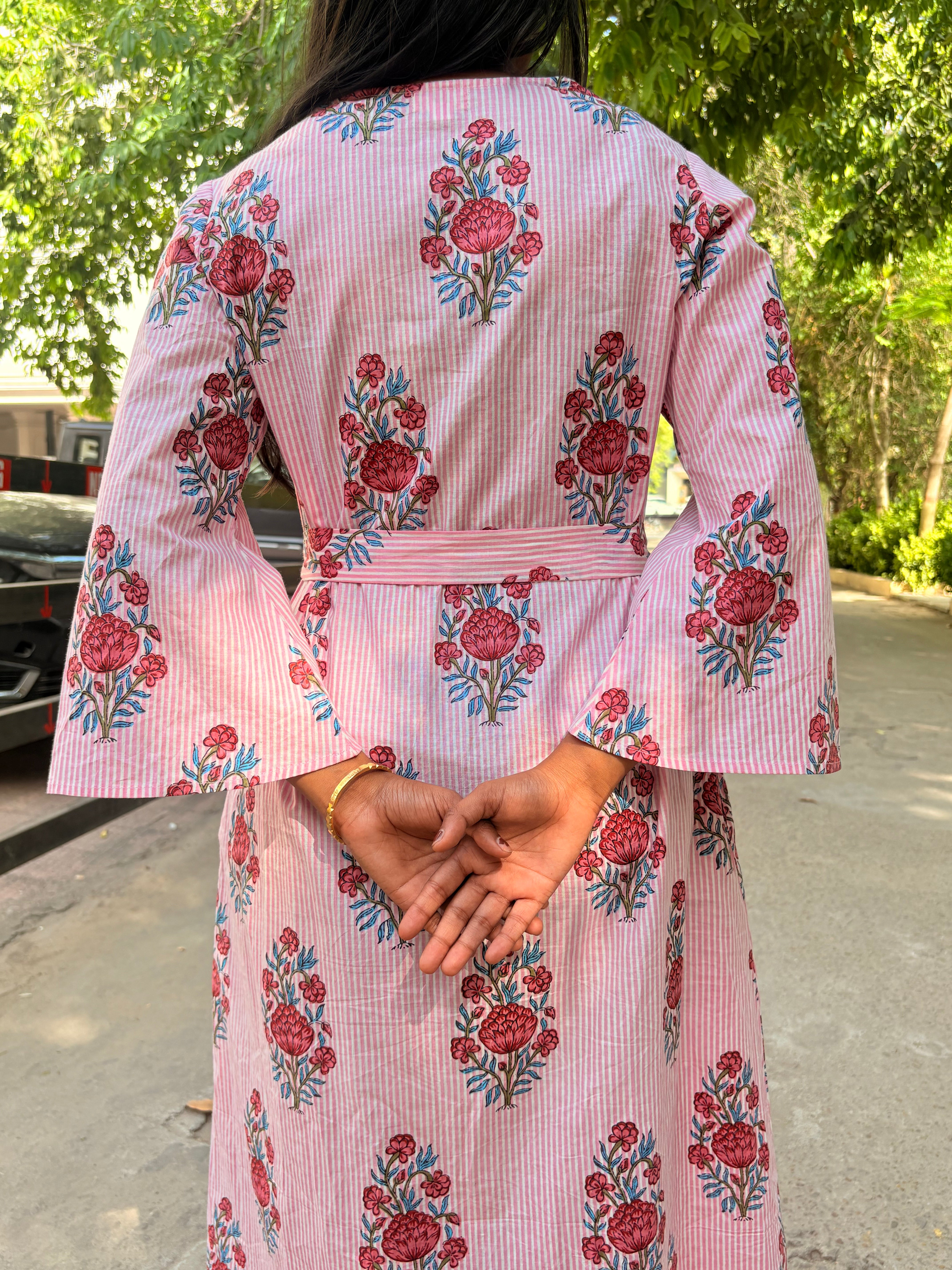 Pink Striped Lace Dress with Belt