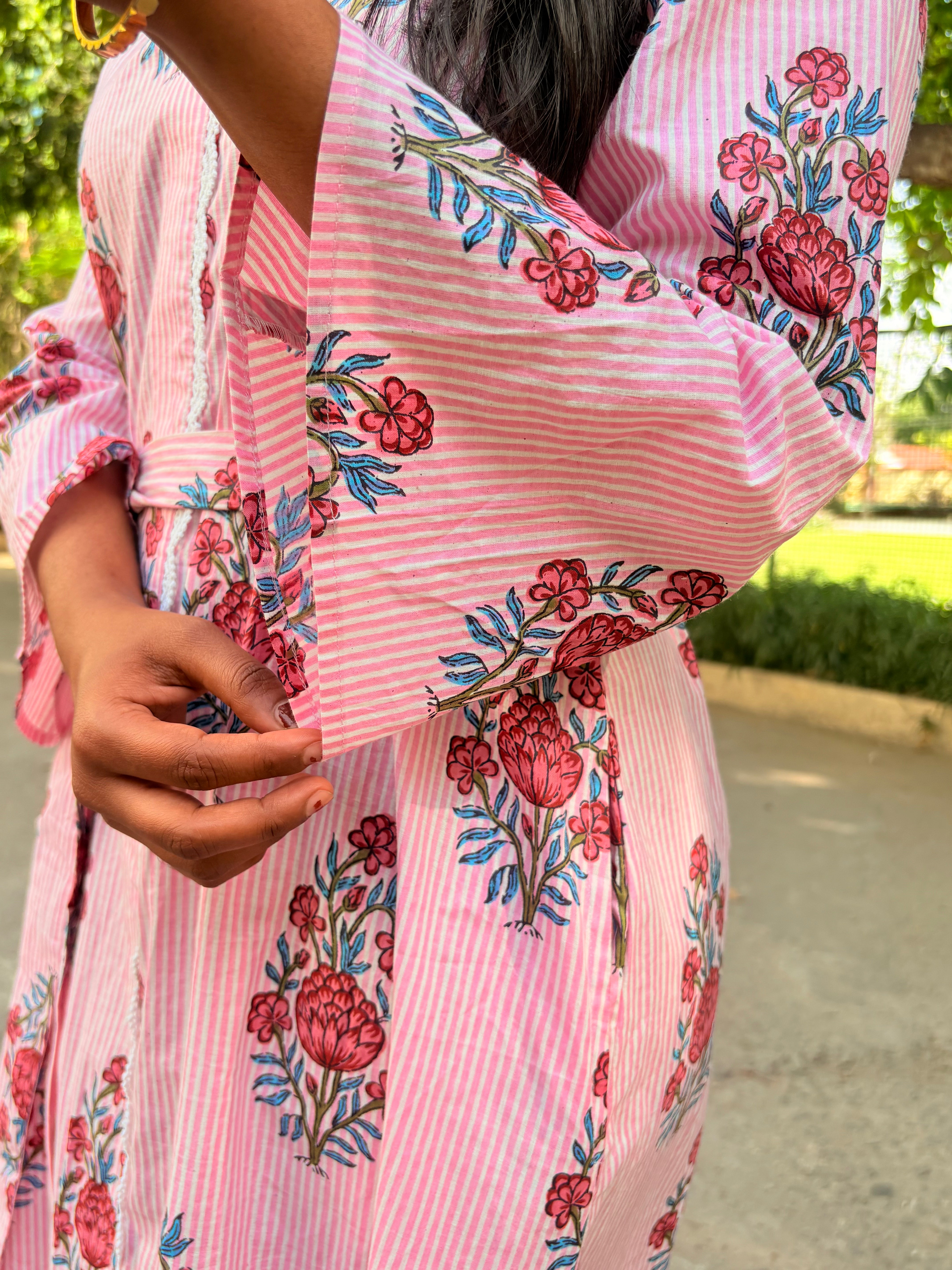 Pink Striped Lace Dress with Belt