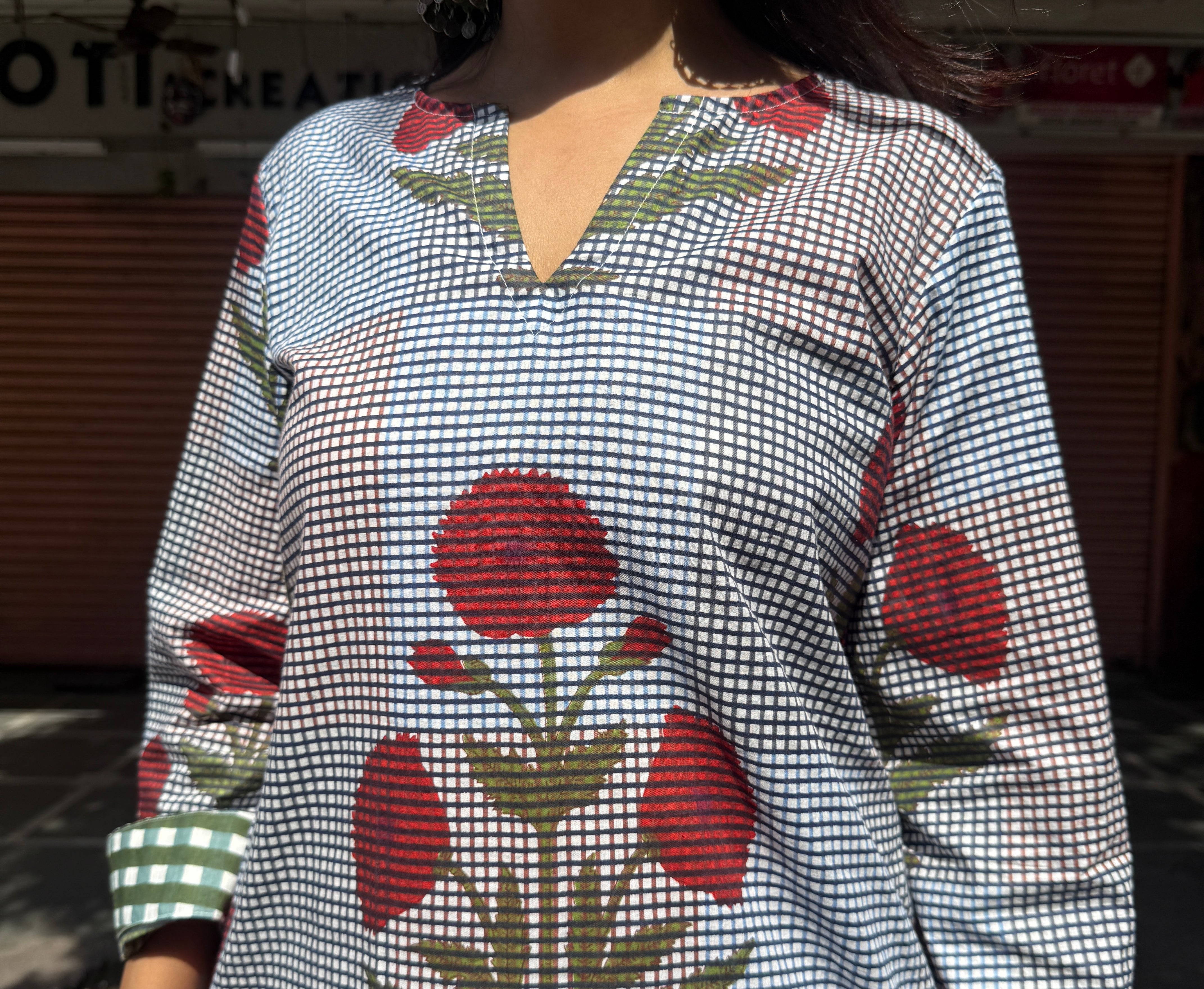 Multicolor Printed Kurti Green Gingham Farshi set