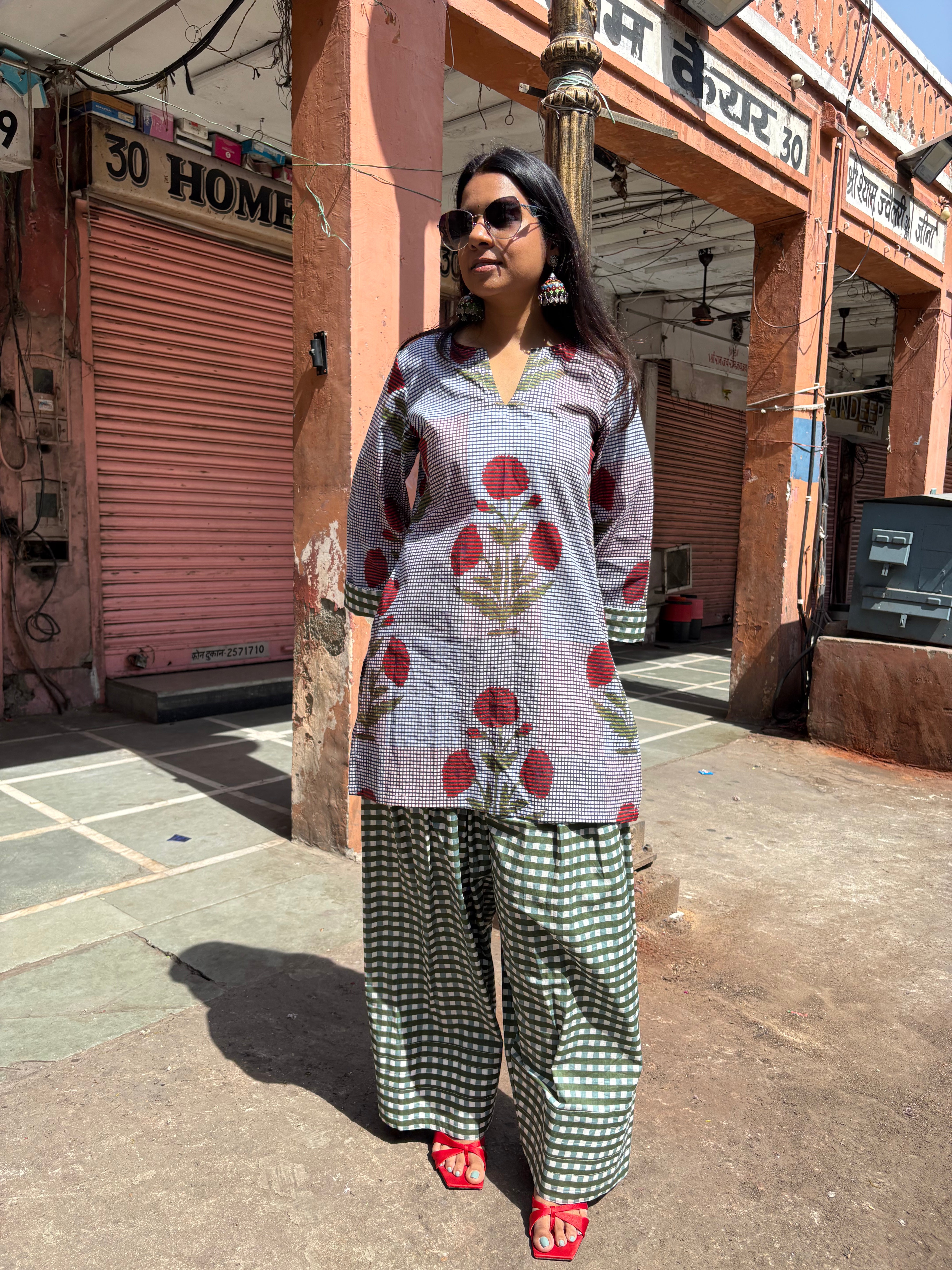 Multicolor Printed Kurti Green Gingham Farshi set