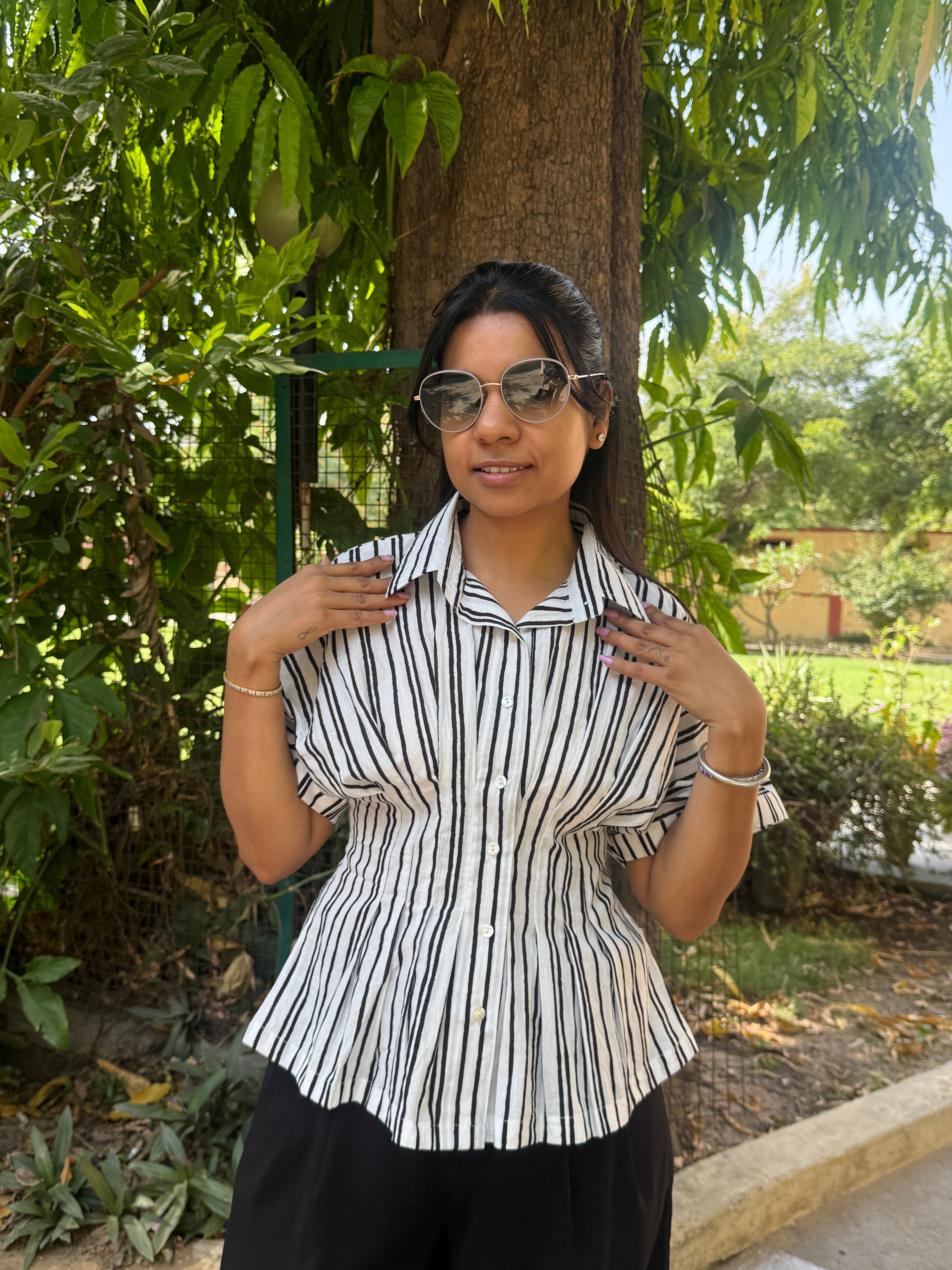 Black Stripe Cotton Fitted waist shirt