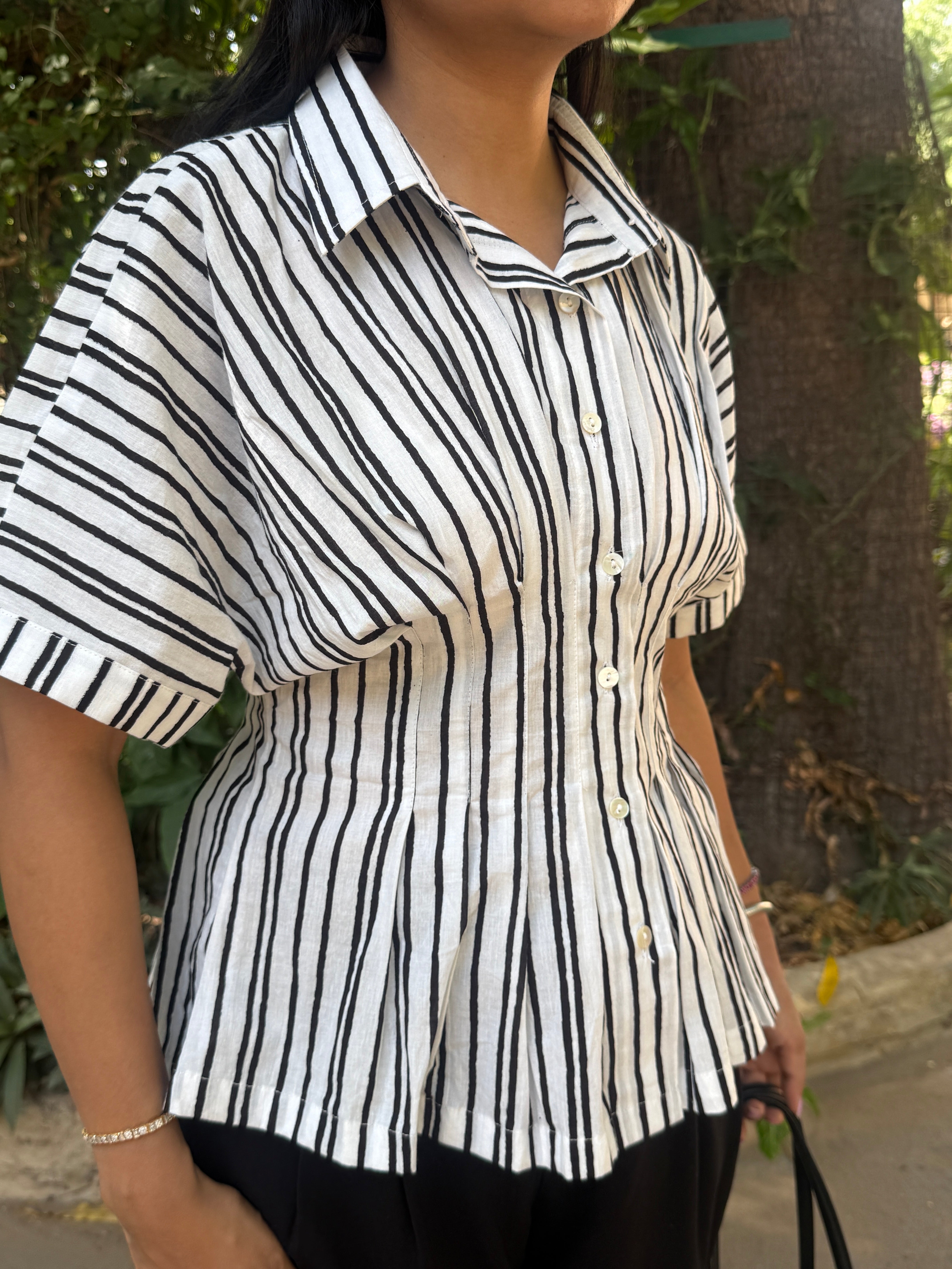Black Stripe Cotton Fitted waist shirt